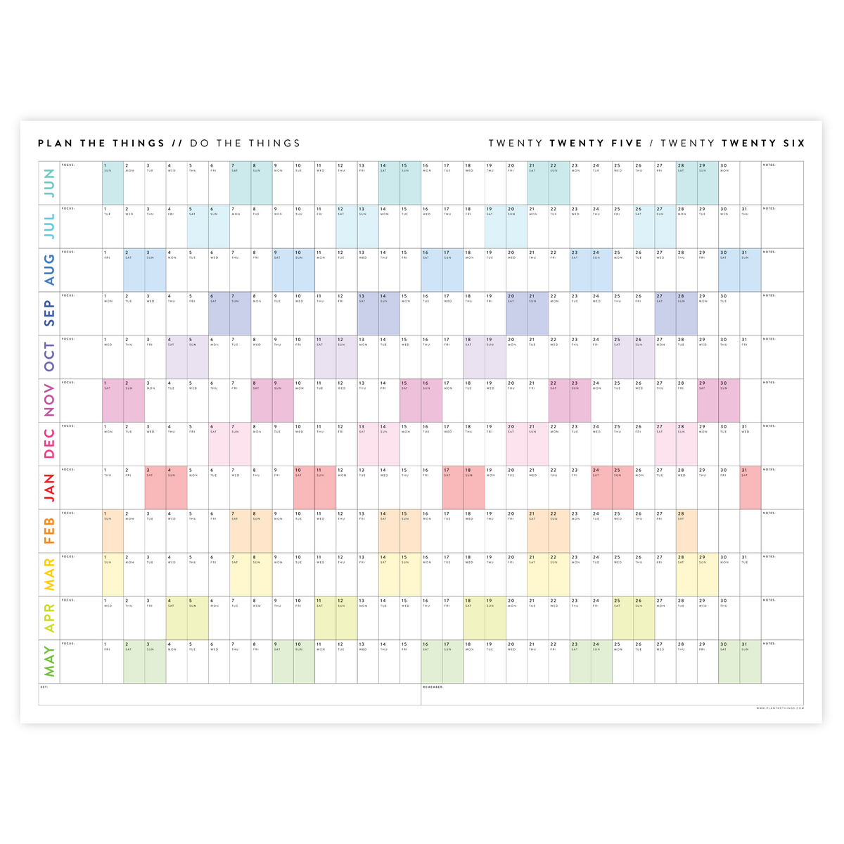 2025 - 2026 ACADEMIC WALL CALENDAR (JUNE START) | HORIZONTAL WITH RAINBOW WEEKENDS