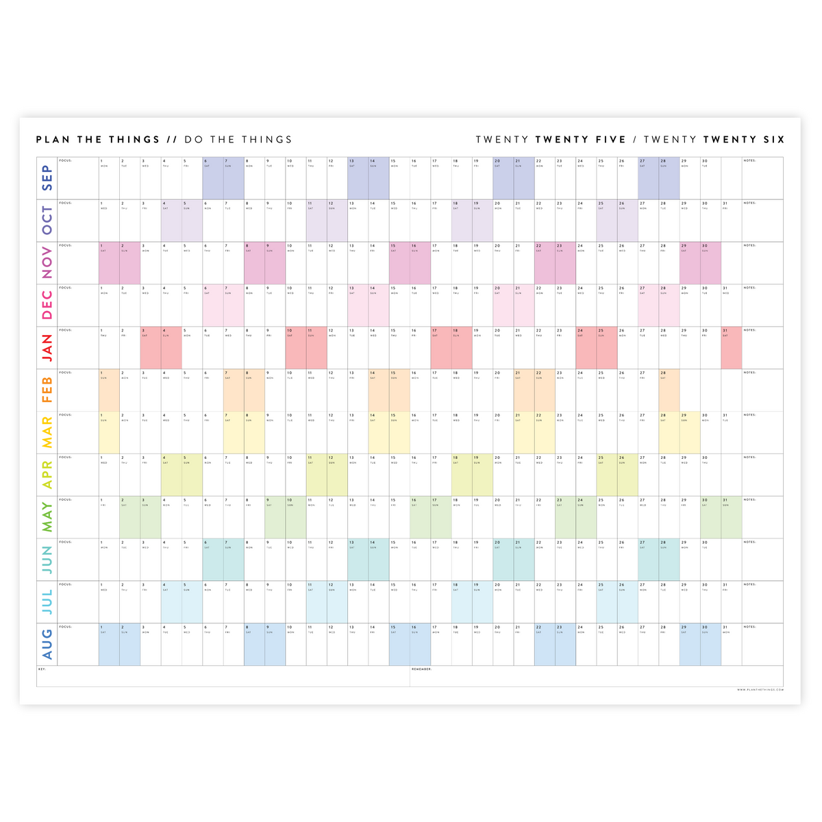 PRINTABLE 2025 - 2026 ACADEMIC WALL CALENDAR (SEPTEMBER START) | HORIZONTAL WITH RAINBOW WEEKENDS - INSTANT DOWNLOAD