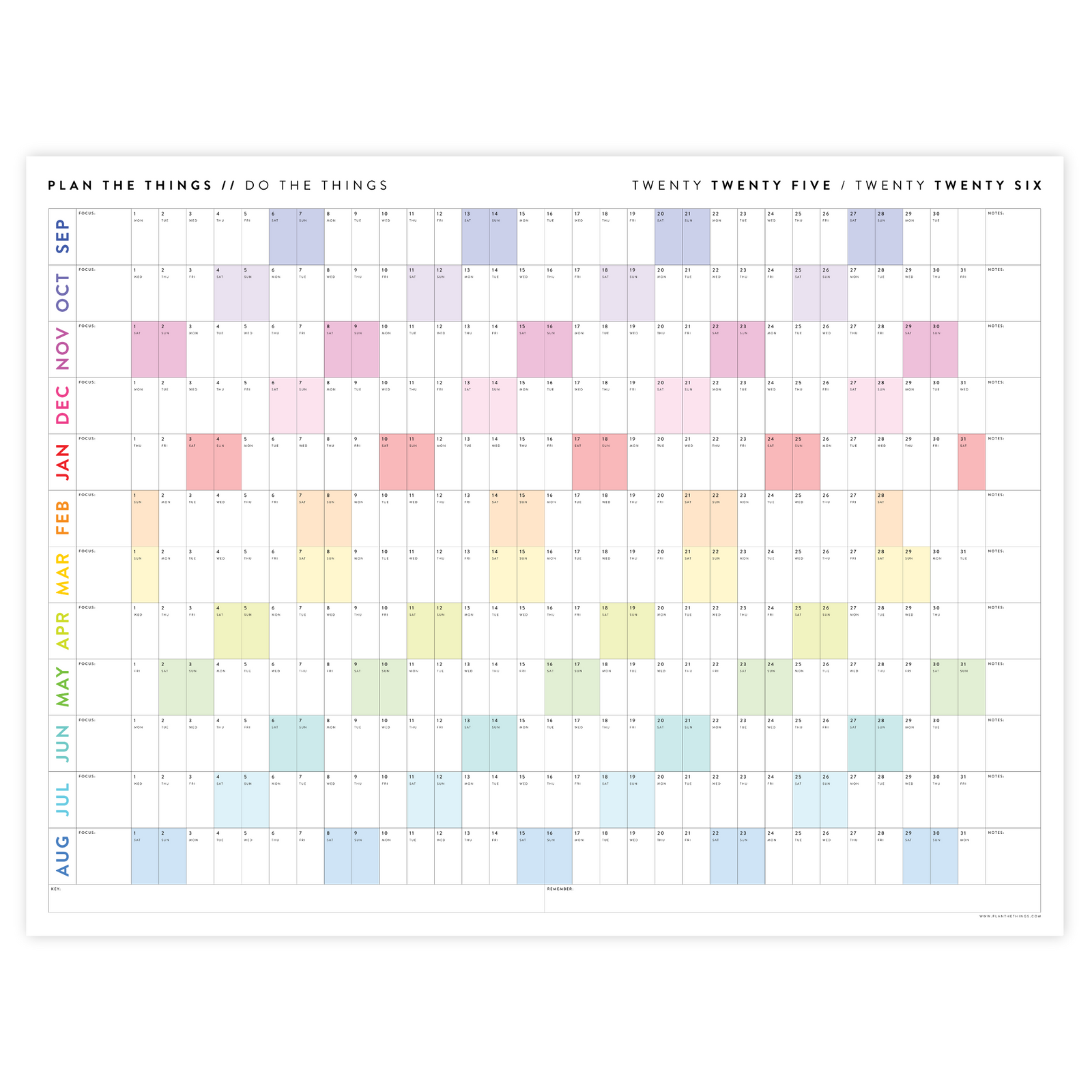 PRINTABLE 2025 - 2026 ACADEMIC WALL CALENDAR (SEPTEMBER START) | HORIZONTAL WITH RAINBOW WEEKENDS - INSTANT DOWNLOAD