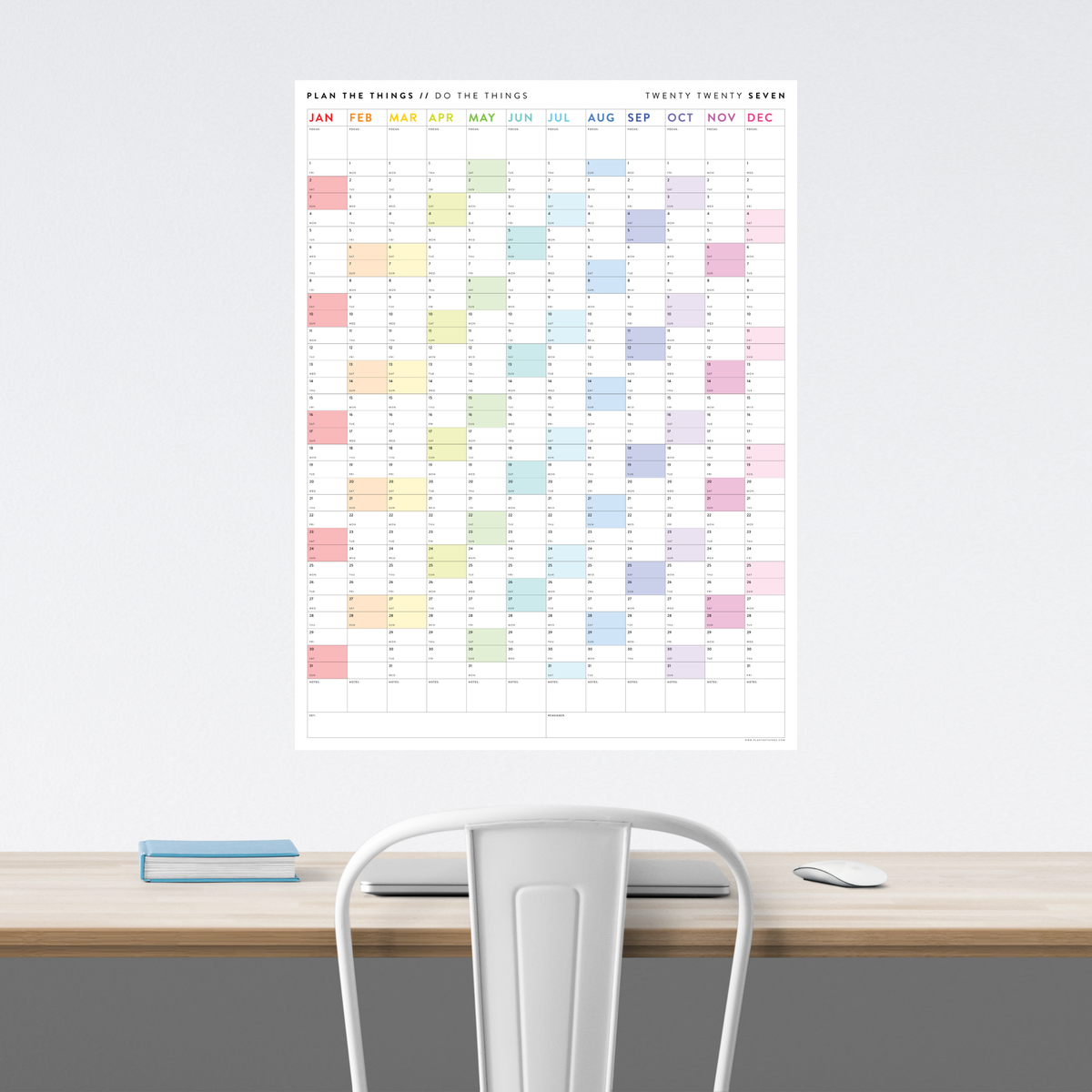PRINTABLE VERTICAL 2027 WALL CALENDAR WITH RAINBOW WEEKENDS - INSTANT DOWNLOAD