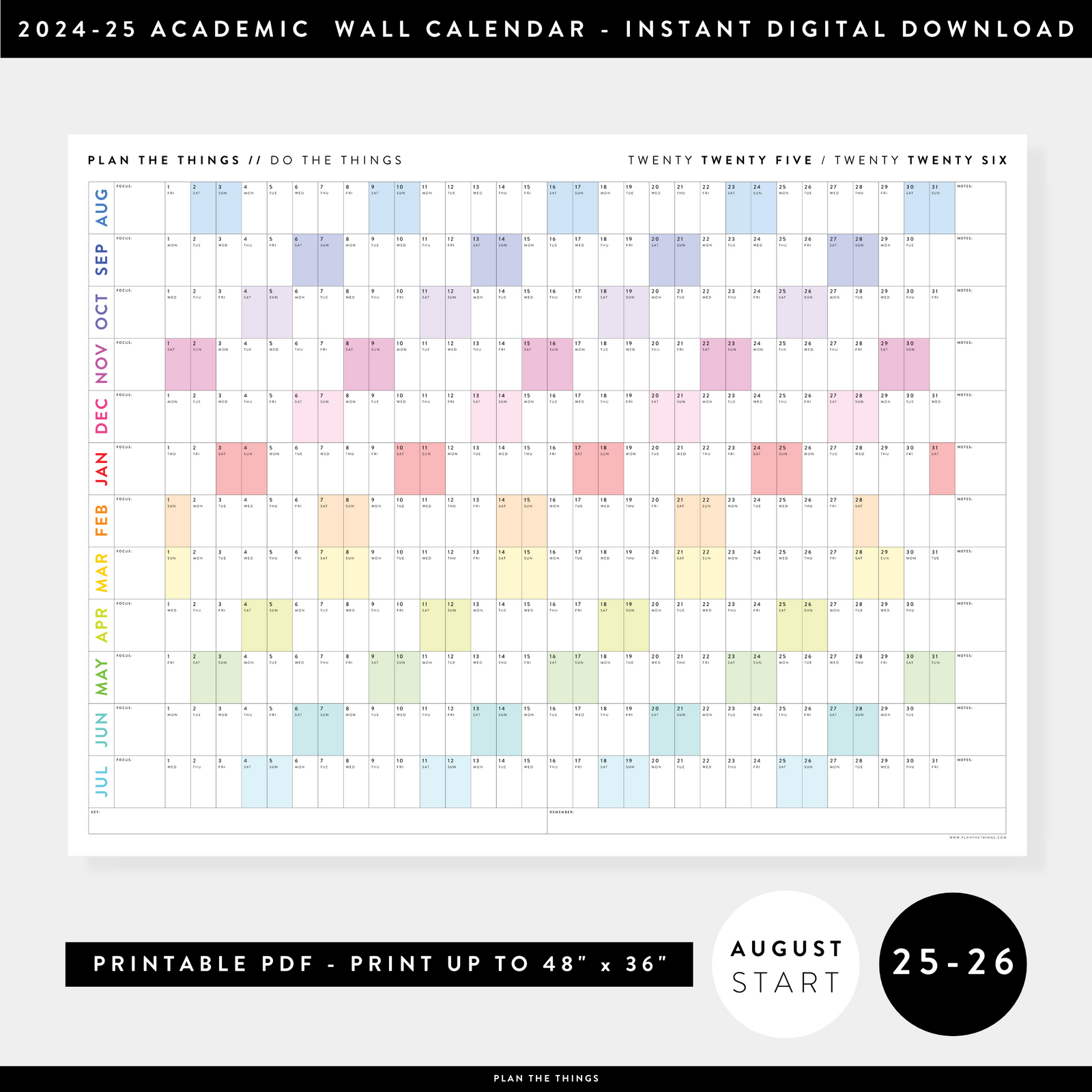 PRINTABLE 2025 - 2026 ACADEMIC WALL CALENDAR (AUGUST START) | HORIZONTAL WITH RAINBOW WEEKENDS - INSTANT DOWNLOAD
