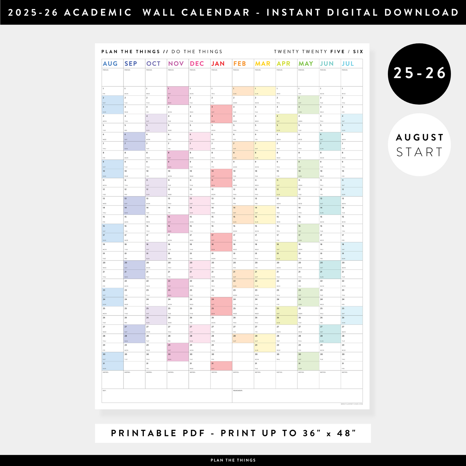 PRINTABLE 2025 - 2026 ACADEMIC WALL CALENDAR (AUGUST START) | VERTICAL WITH RAINBOW WEEKENDS - INSTANT DOWNLOAD