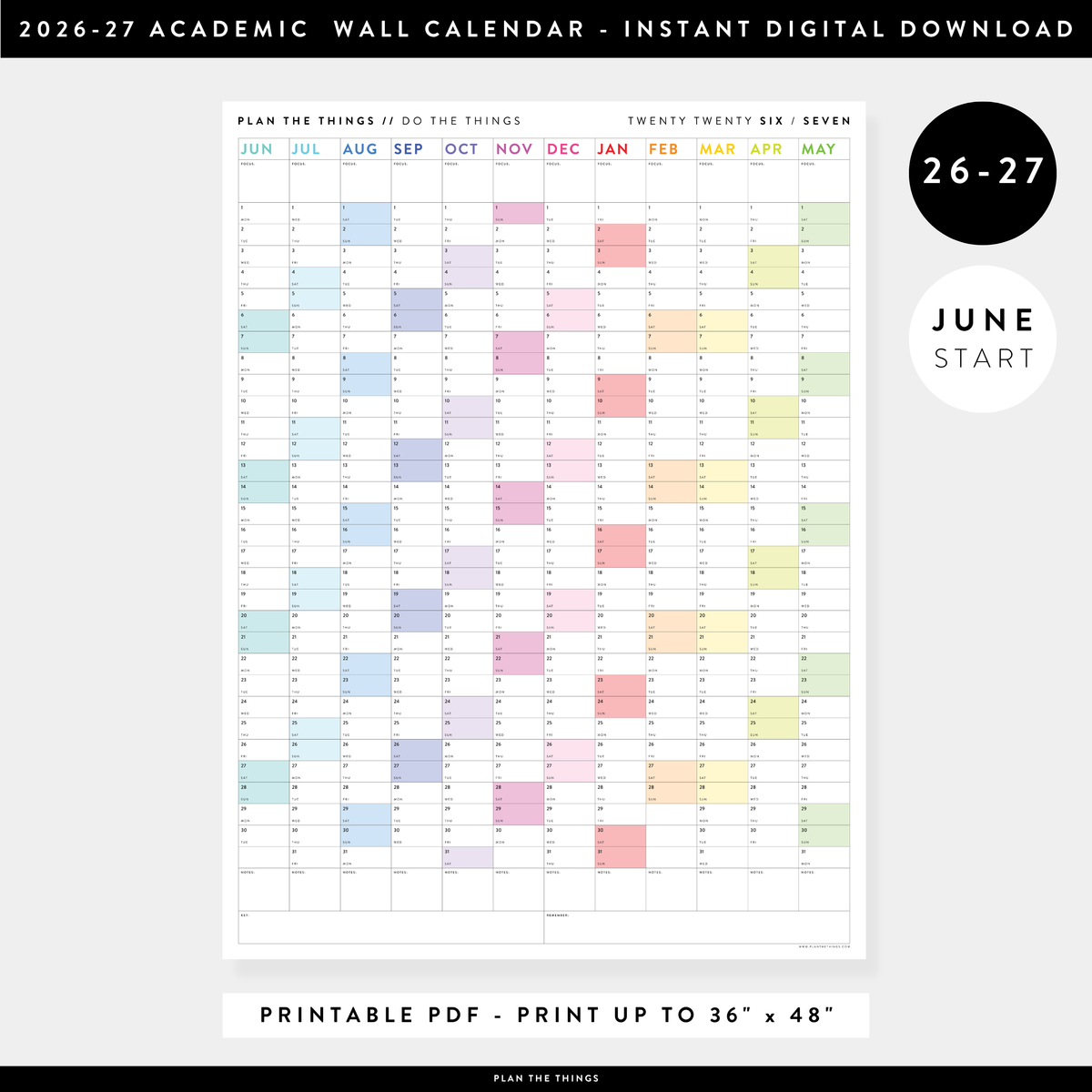 PRINTABLE 2026 - 2027 ACADEMIC WALL CALENDAR (JUNE START) | VERTICAL WITH RAINBOW WEEKENDS - INSTANT DOWNLOAD
