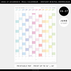 PRINTABLE 2026 - 2027 ACADEMIC WALL CALENDAR (JUNE START) | VERTICAL WITH RAINBOW WEEKENDS - INSTANT DOWNLOAD
