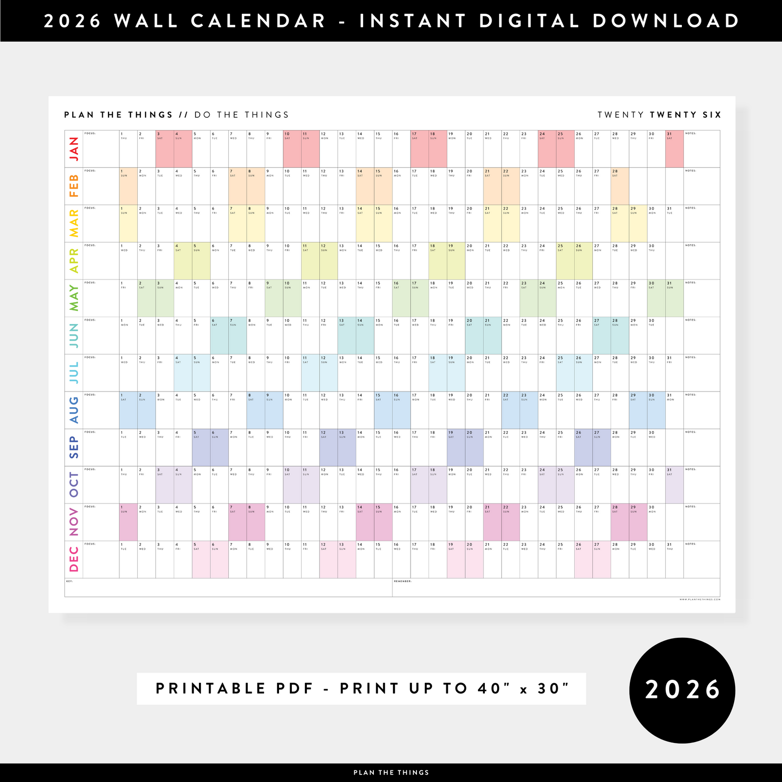PRINTABLE 2026 HORIZONTAL WALL CALENDAR WITH RAINBOW WEEKENDS - INSTANT DOWNLOAD