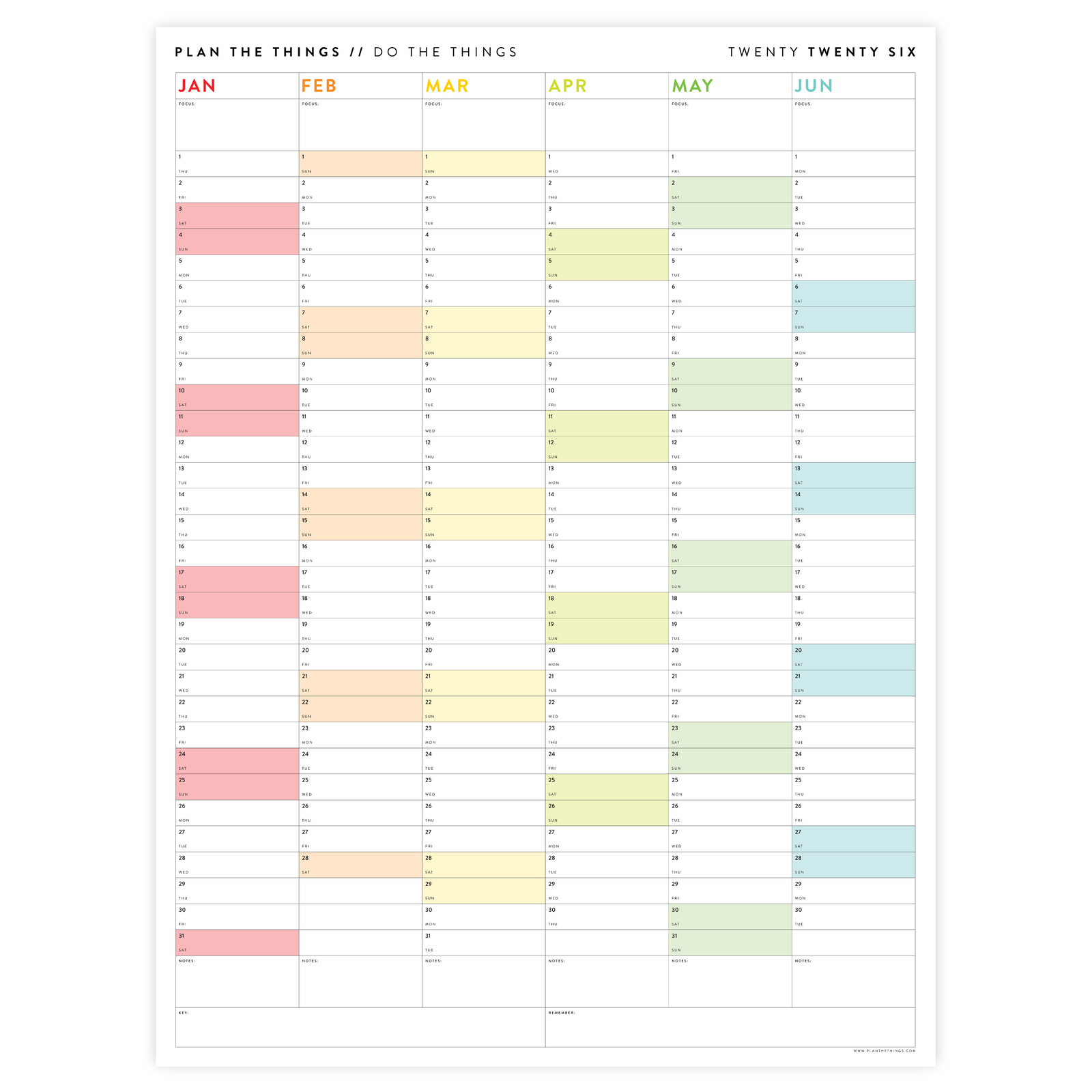 PRINTABLE SIX MONTH 2026 WALL CALENDAR (JANUARY TO JUNE) WITH RAINBOW WEEKENDS - INSTANT DOWNLOAD