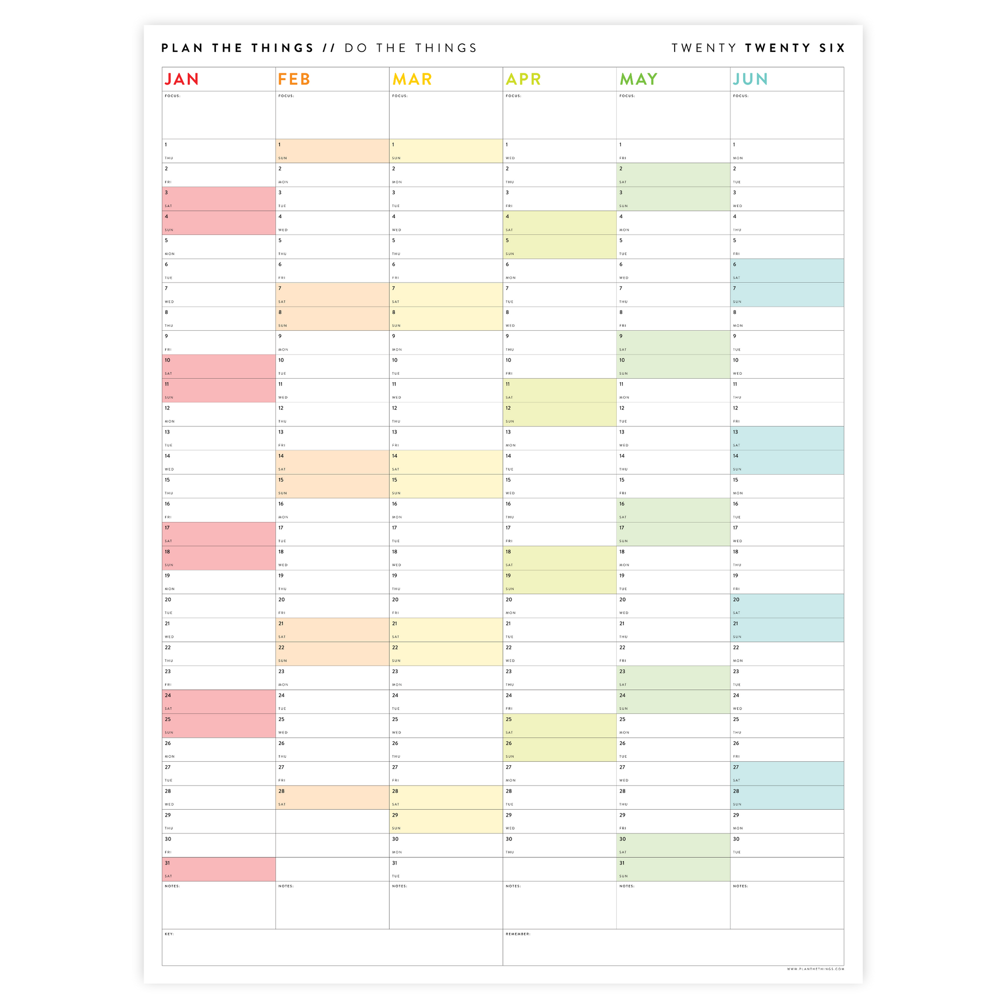 PRINTABLE SIX MONTH 2026 WALL CALENDAR (JANUARY TO JUNE) WITH RAINBOW WEEKENDS - INSTANT DOWNLOAD