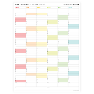 PRINTABLE SIX MONTH 2026 WALL CALENDAR (JANUARY TO JUNE) WITH RAINBOW WEEKENDS - INSTANT DOWNLOAD