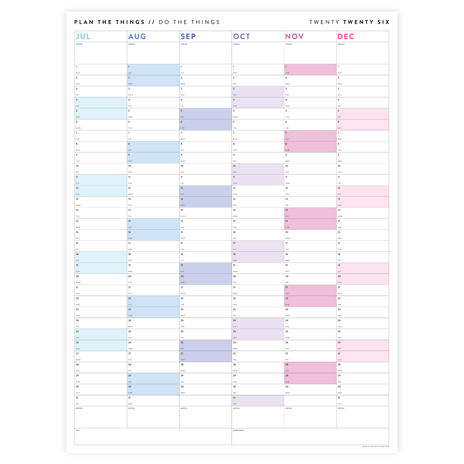 PRINTABLE SIX MONTH 2026 ACADEMIC YEAR WALL CALENDAR SET WITH RAINBOW WEEKENDS - INSTANT DOWNLOAD