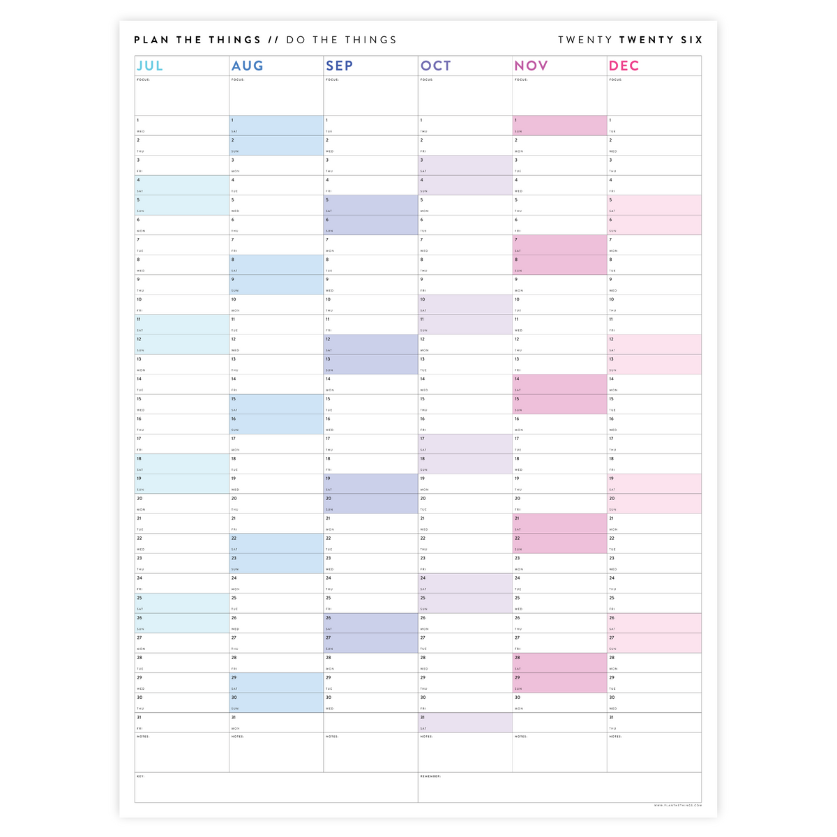 SIX MONTH 2026 GIANT WALL CALENDAR (JULY TO DECEMBER) WITH RAINBOW WEEKENDS