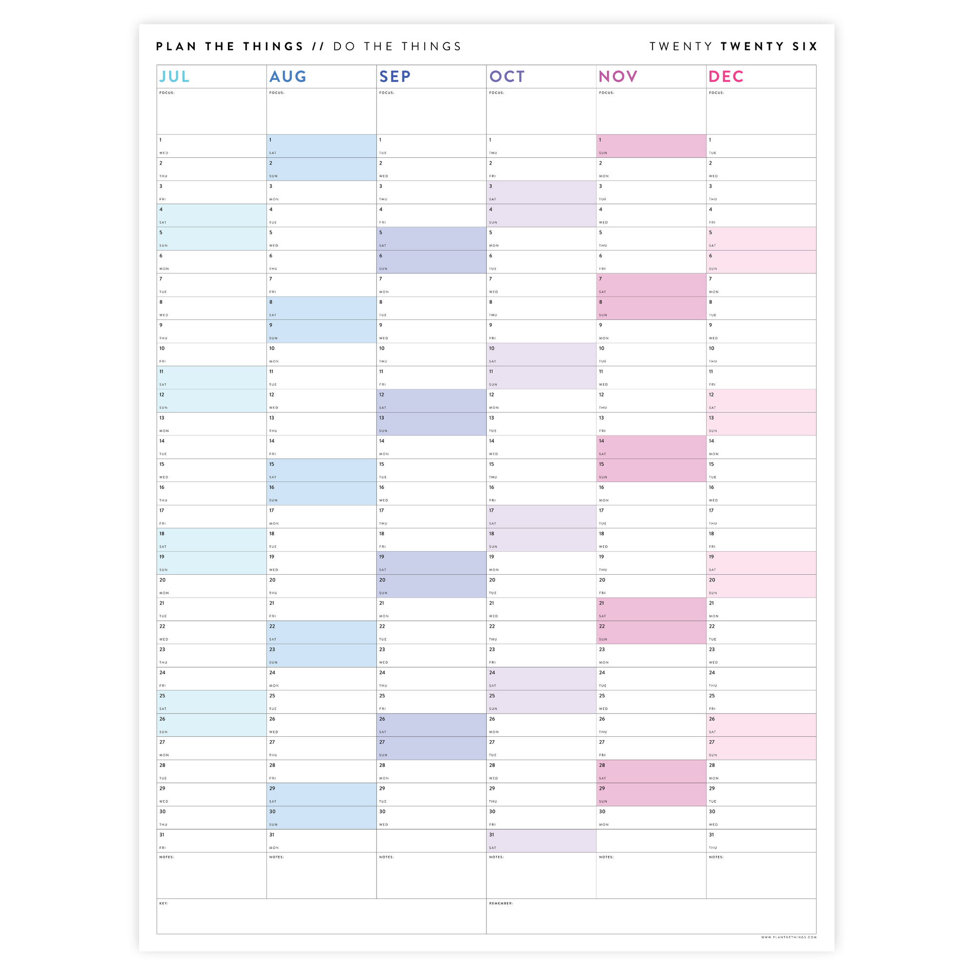 SIX MONTH 2026 GIANT WALL CALENDAR (JULY TO DECEMBER) WITH RAINBOW WEEKENDS