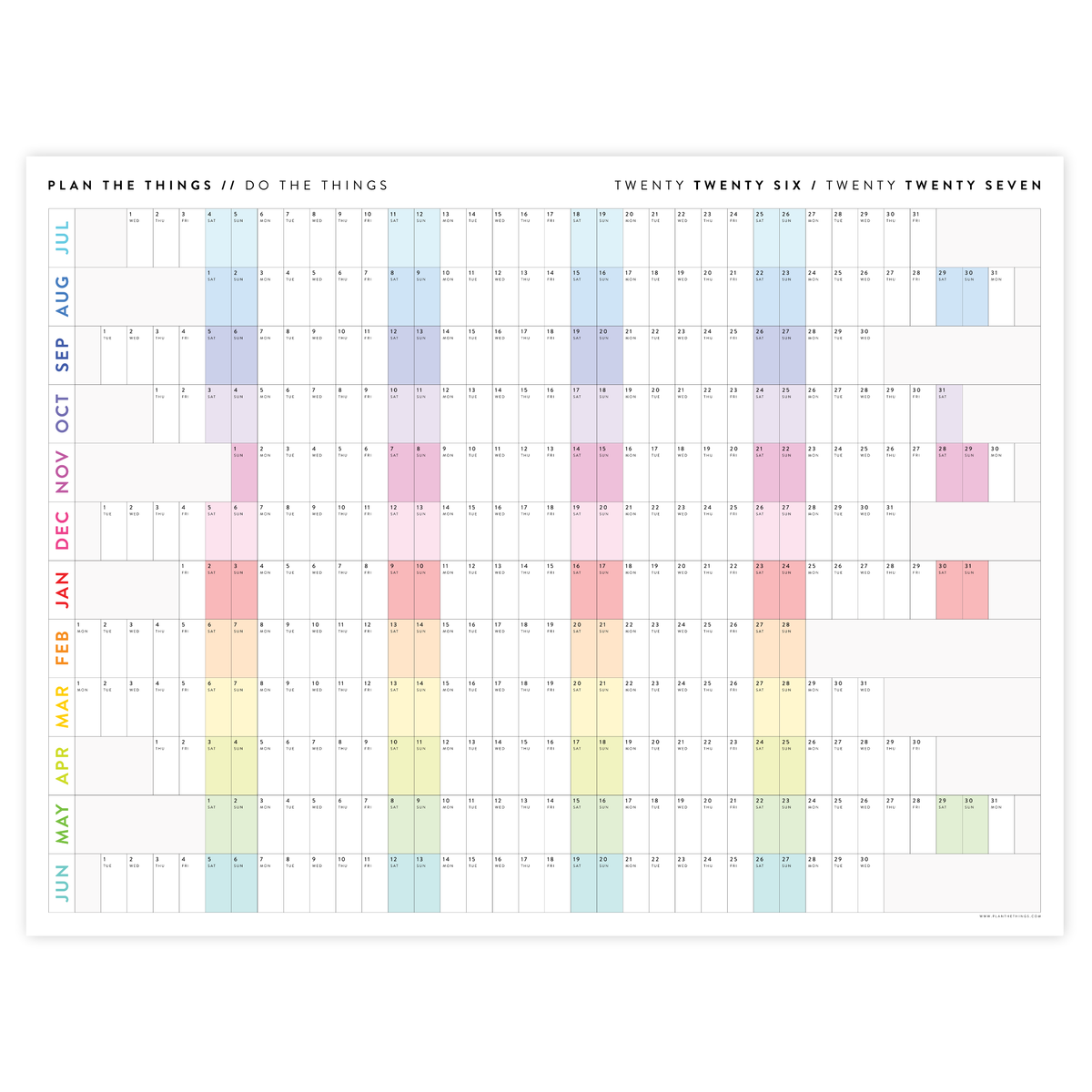NEW! PRINTABLE JULY START 2026 - 2027 HORIZONTAL ACADEMIC WALL CALENDAR WITH ALIGNED RAINBOW WEEKENDS - INSTANT DOWNLOAD PRINT UP TO 48" x 36"