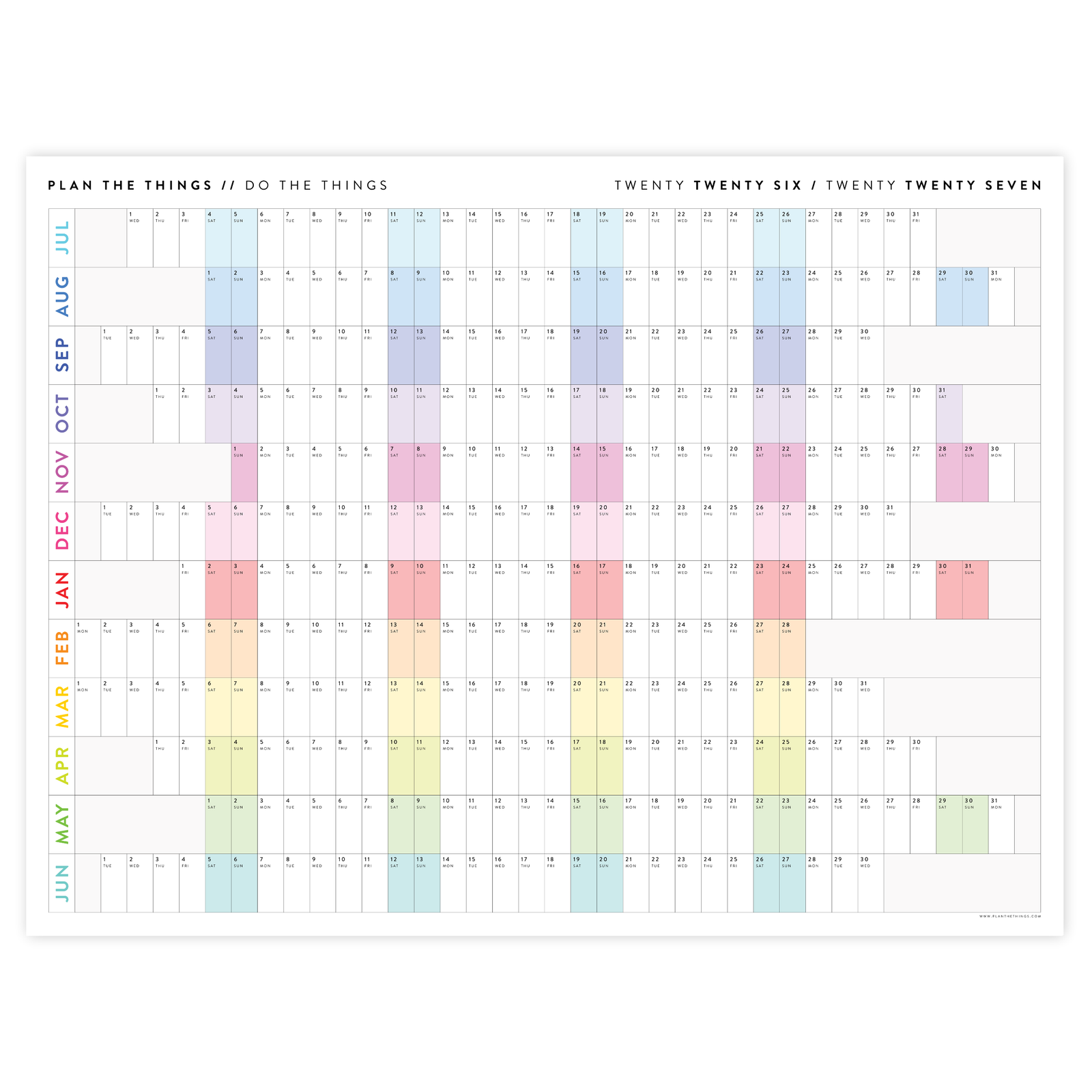 NEW! PRINTABLE JULY START 2026 - 2027 HORIZONTAL ACADEMIC WALL CALENDAR WITH ALIGNED RAINBOW WEEKENDS - INSTANT DOWNLOAD PRINT UP TO 48" x 36"
