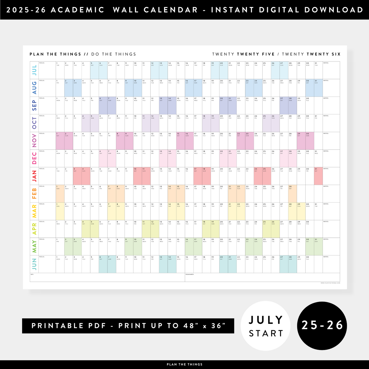 PRINTABLE 2025 - 2026 ACADEMIC WALL CALENDAR (JULY START) | HORIZONTAL WITH RAINBOW WEEKENDS - INSTANT DOWNLOAD