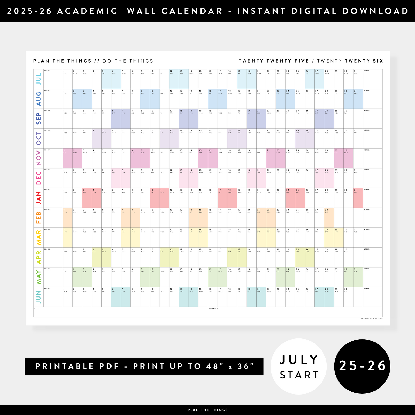 PRINTABLE 2025 - 2026 ACADEMIC WALL CALENDAR (JULY START) | HORIZONTAL WITH RAINBOW WEEKENDS - INSTANT DOWNLOAD
