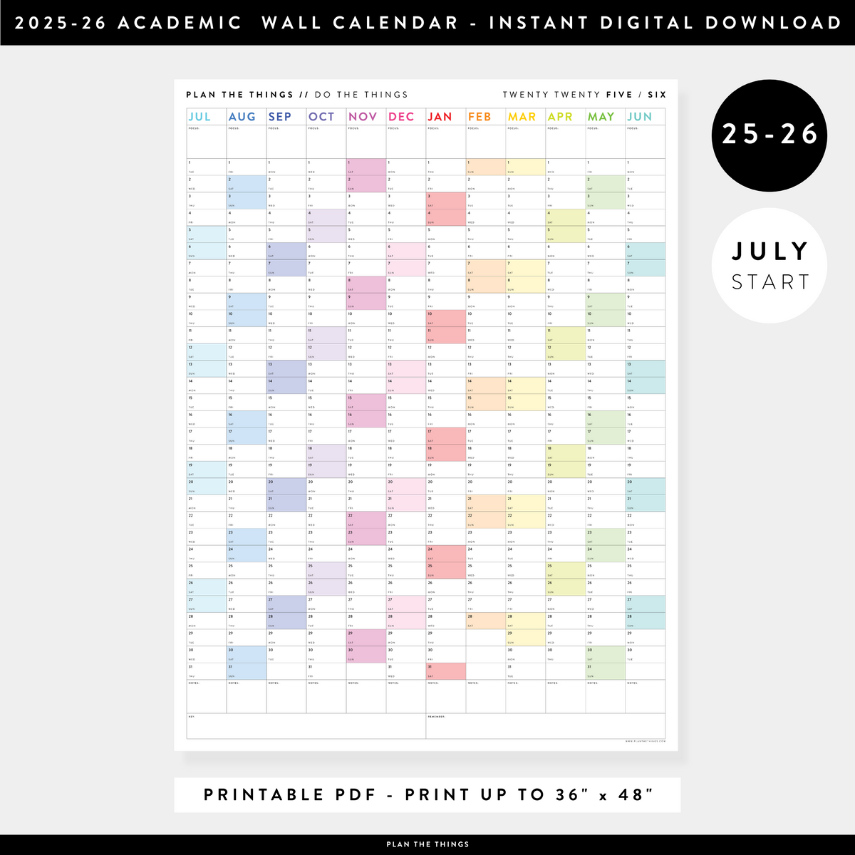 PRINTABLE 2025 - 2026 ACADEMIC WALL CALENDAR (JULY START) | VERTICAL WITH RAINBOW WEEKENDS - INSTANT DOWNLOAD