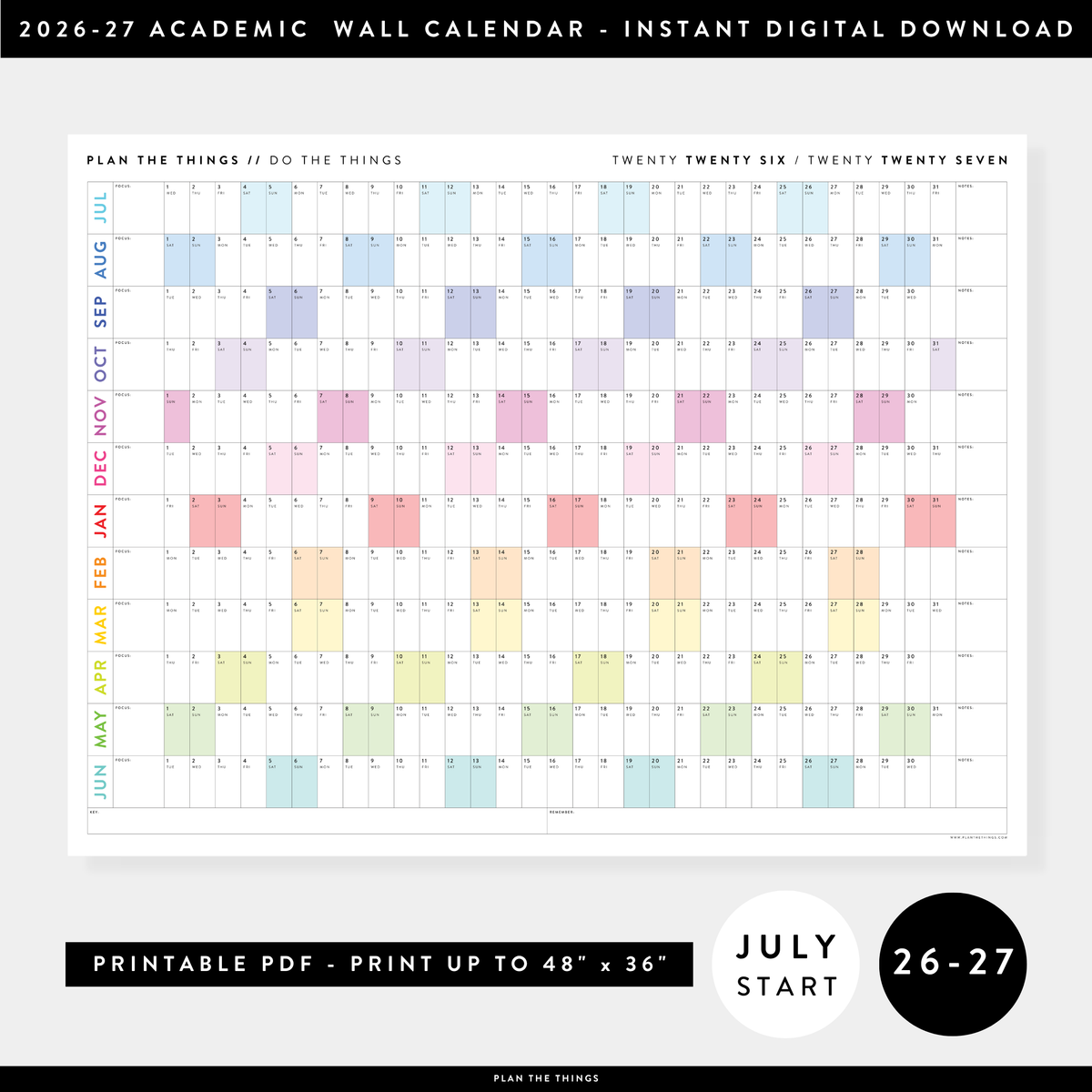 PRINTABLE 2026 - 2027 ACADEMIC WALL CALENDAR (JULY START) | HORIZONTAL WITH RAINBOW WEEKENDS - INSTANT DOWNLOAD
