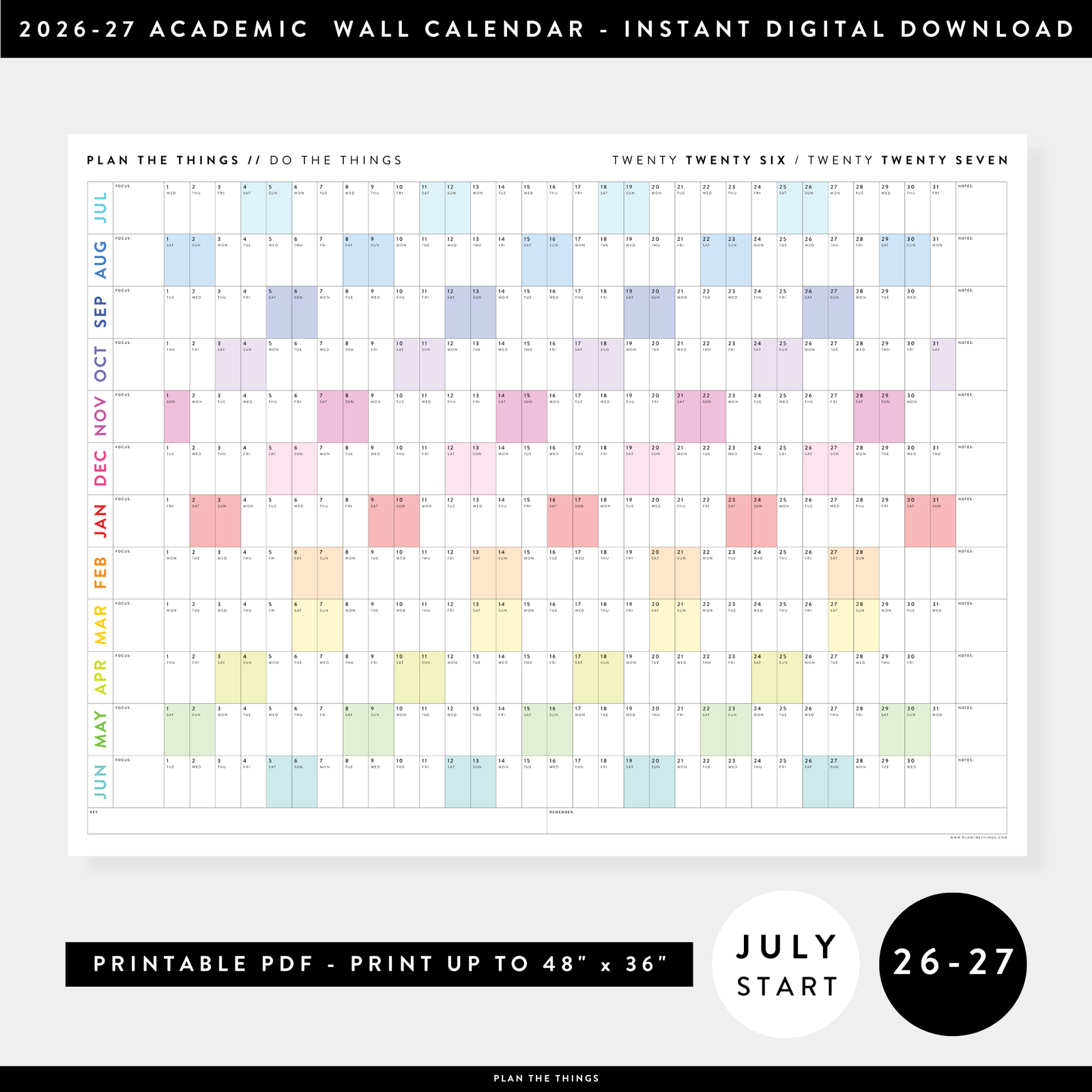 PRINTABLE 2026 - 2027 ACADEMIC WALL CALENDAR (JULY START) | HORIZONTAL WITH RAINBOW WEEKENDS - INSTANT DOWNLOAD