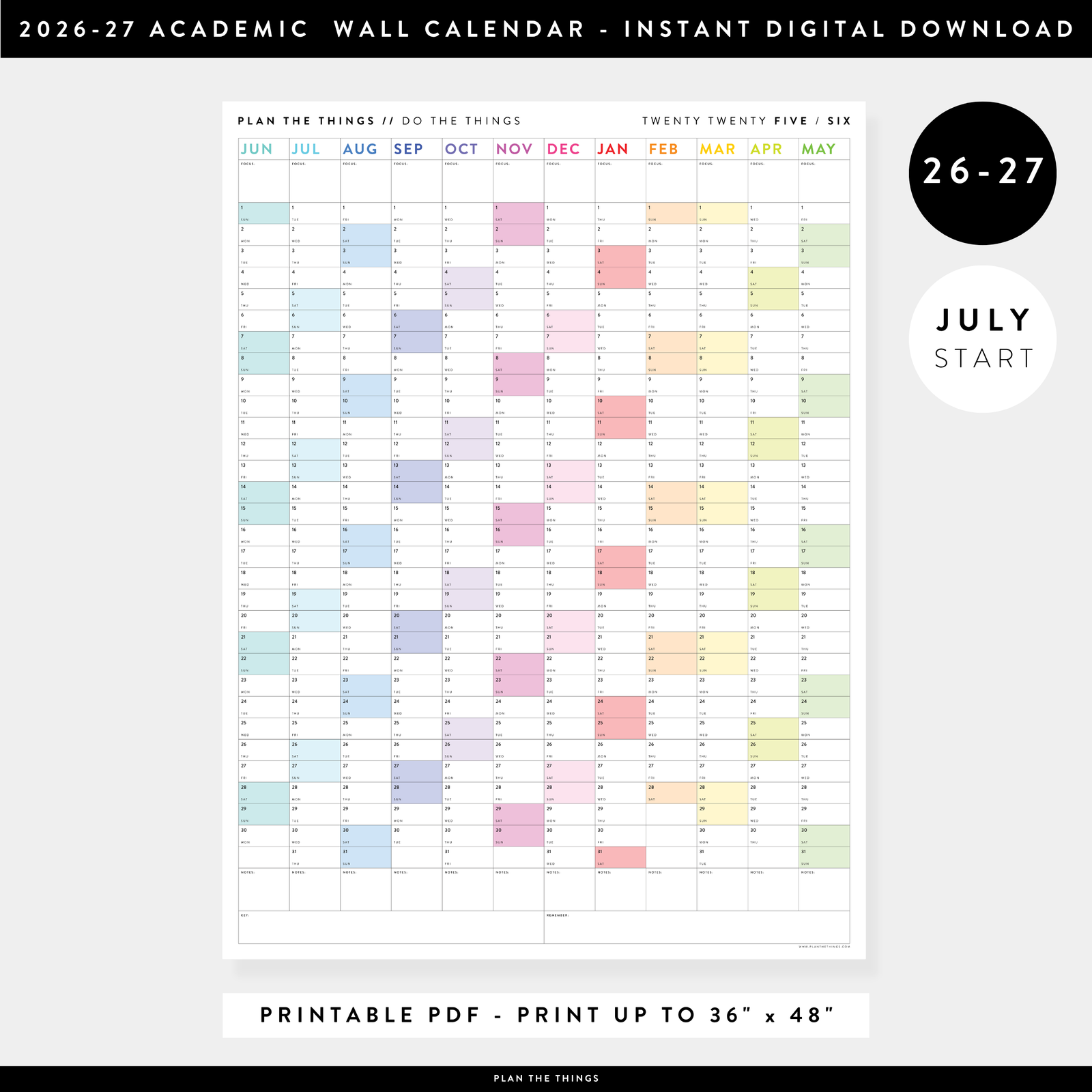 PRINTABLE 2026 - 2027 ACADEMIC WALL CALENDAR (JULY START) | VERTICAL WITH RAINBOW WEEKENDS - INSTANT DOWNLOAD