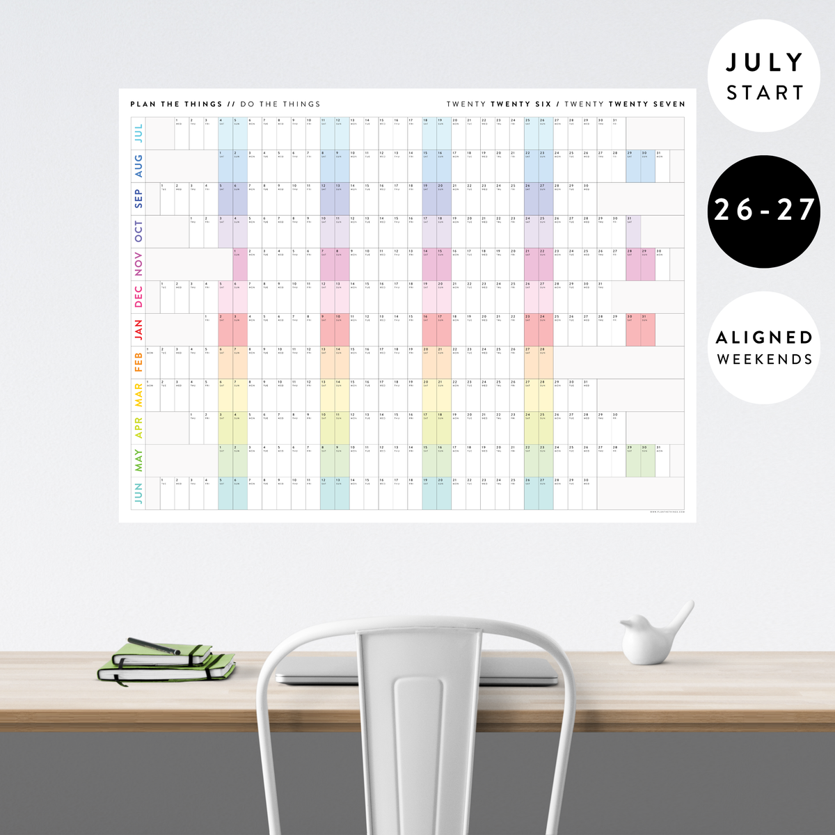 NEW! PRINTABLE JULY START 2026 - 2027 HORIZONTAL ACADEMIC WALL CALENDAR WITH ALIGNED RAINBOW WEEKENDS - INSTANT DOWNLOAD PRINT UP TO 48" x 36"