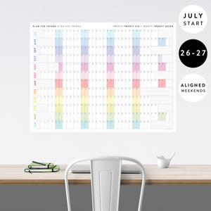 NEW! PRINTABLE JULY START 2026 - 2027 HORIZONTAL ACADEMIC WALL CALENDAR WITH ALIGNED RAINBOW WEEKENDS - INSTANT DOWNLOAD PRINT UP TO 48" x 36"