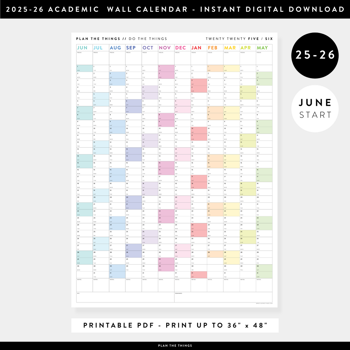 PRINTABLE 2025 - 2026 ACADEMIC WALL CALENDAR (JUNE START) | VERTICAL WITH RAINBOW WEEKENDS - INSTANT DOWNLOAD