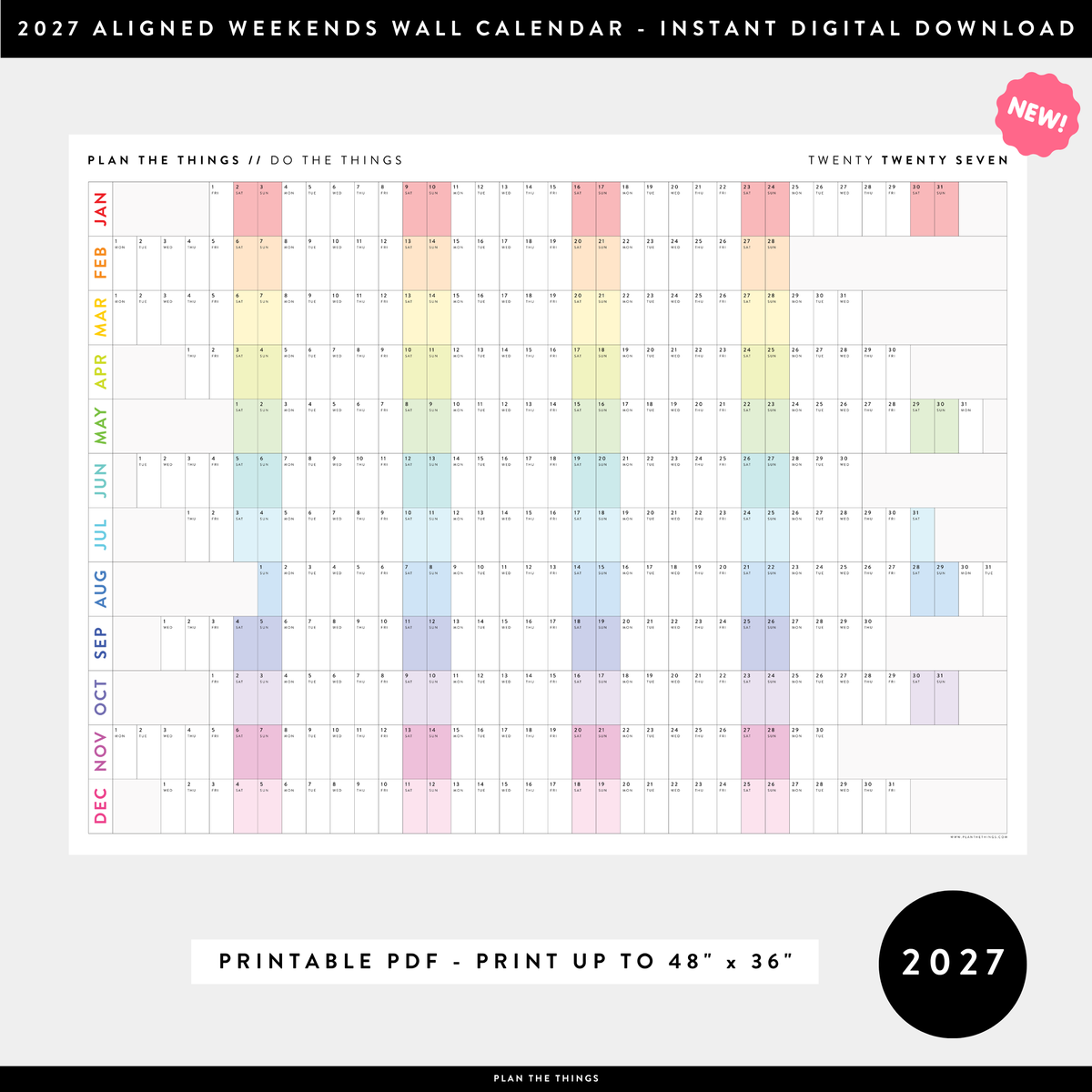 NEW! PRINTABLE 2027 HORIZONTAL WALL CALENDAR WITH ALIGNED WEEKENDS - INSTANT DOWNLOAD PRINT UP TO 48" x 36"