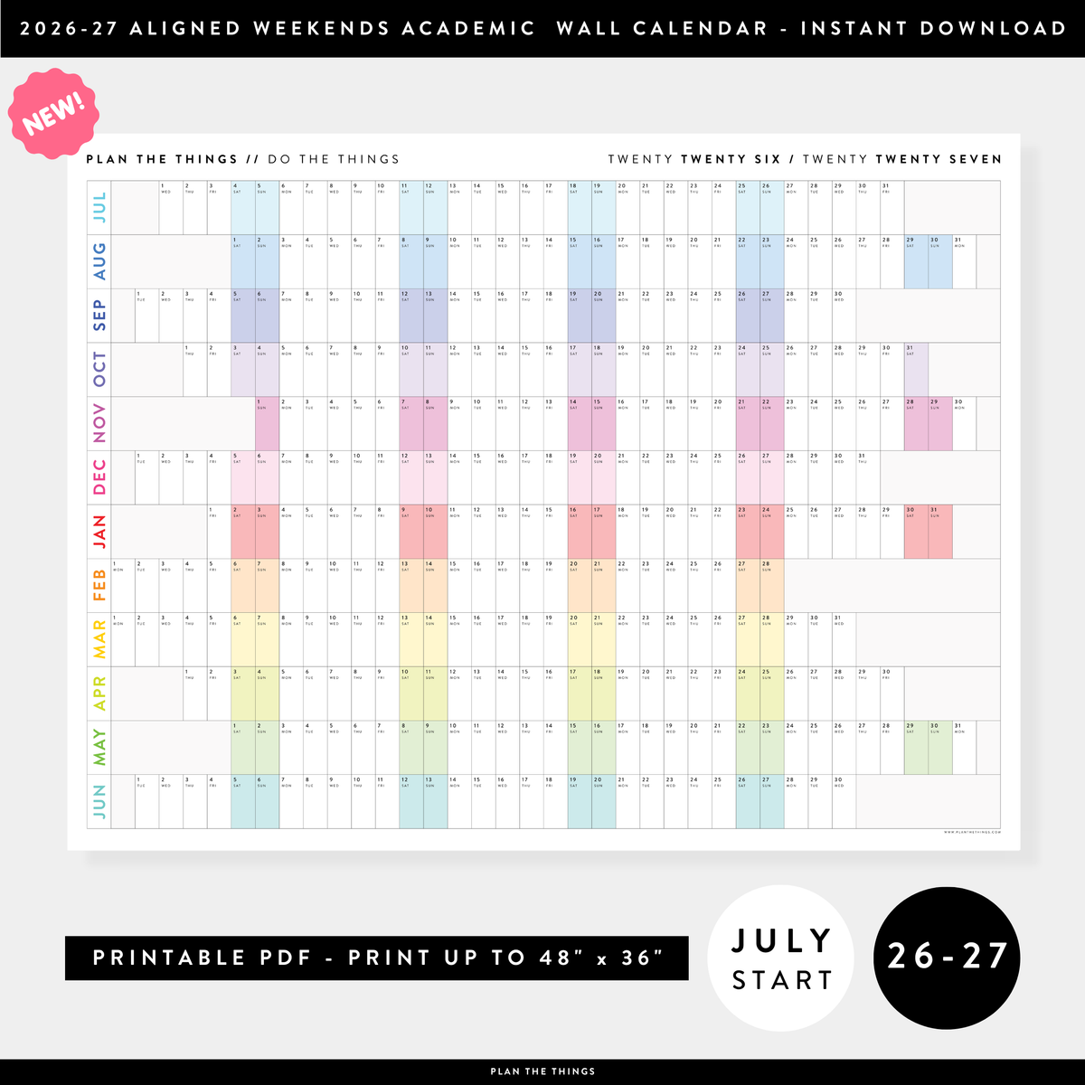 NEW! PRINTABLE JULY START 2026 - 2027 HORIZONTAL ACADEMIC WALL CALENDAR WITH ALIGNED RAINBOW WEEKENDS - INSTANT DOWNLOAD PRINT UP TO 48" x 36"