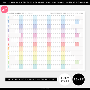 NEW! PRINTABLE JULY START 2026 - 2027 HORIZONTAL ACADEMIC WALL CALENDAR WITH ALIGNED RAINBOW WEEKENDS - INSTANT DOWNLOAD PRINT UP TO 48" x 36"