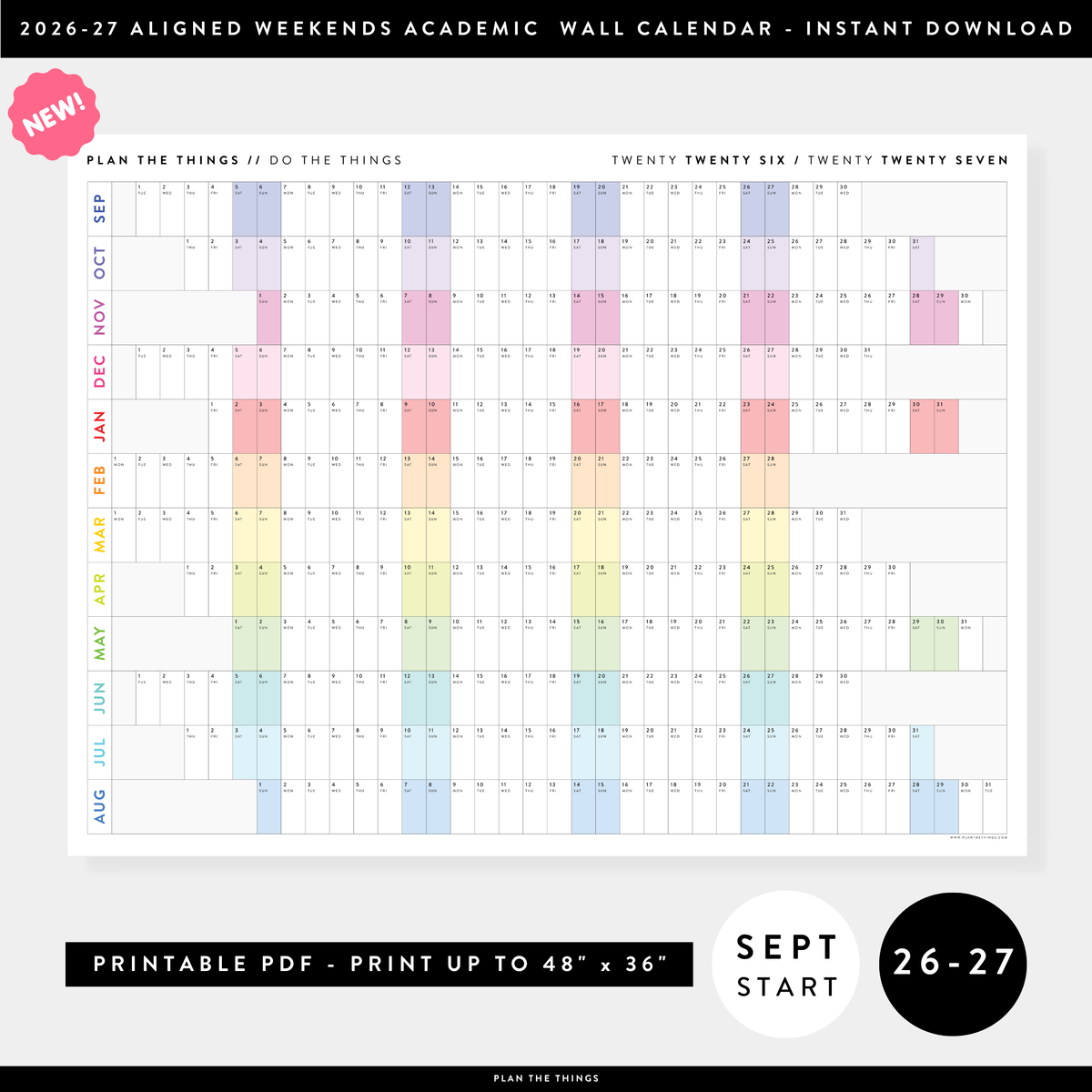 NEW! PRINTABLE SEPTEMBER START 2026 - 2027 HORIZONTAL ACADEMIC WALL CALENDAR WITH ALIGNED RAINBOW WEEKENDS - INSTANT DOWNLOAD