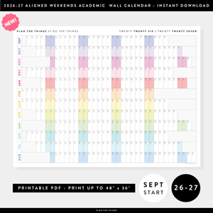 NEW! PRINTABLE SEPTEMBER START 2026 - 2027 HORIZONTAL ACADEMIC WALL CALENDAR WITH ALIGNED RAINBOW WEEKENDS - INSTANT DOWNLOAD