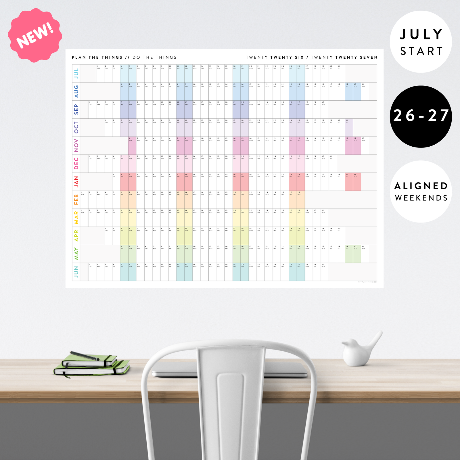 NEW FORMAT! GIANT 2026 - 2027 JULY START ACADEMIC WALL CALENDAR | HORIZONTAL WITH ALIGNED RAINBOW WEEKENDS