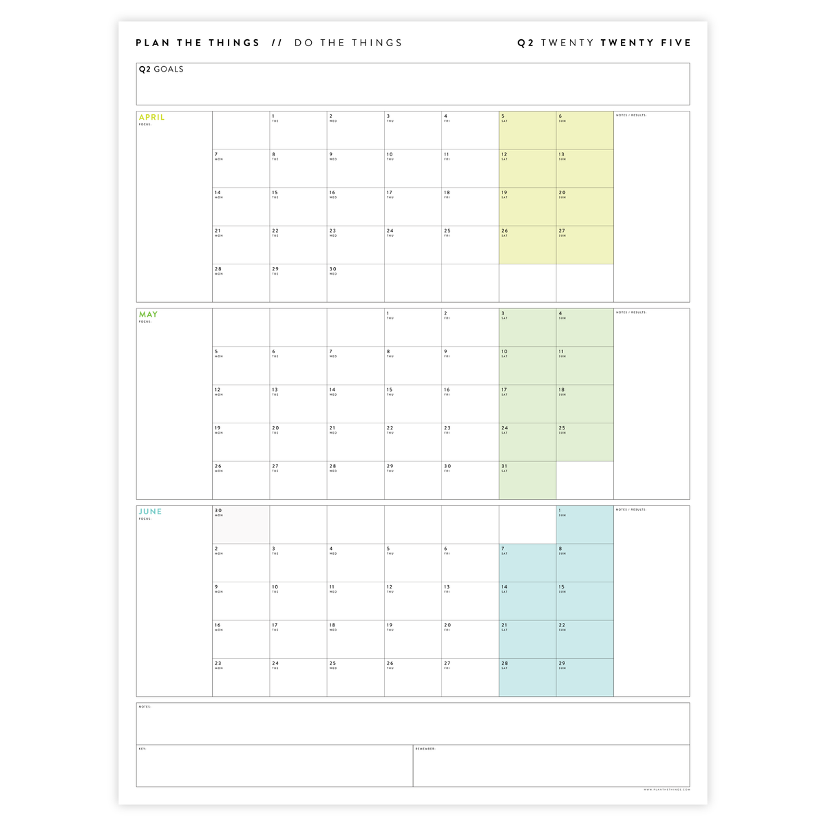 PRINTABLE Q2 (APRIL - JUNE) 2025 QUARTERLY WALL CALENDAR (RAINBOW) - INSTANT PDF DOWNLOAD
