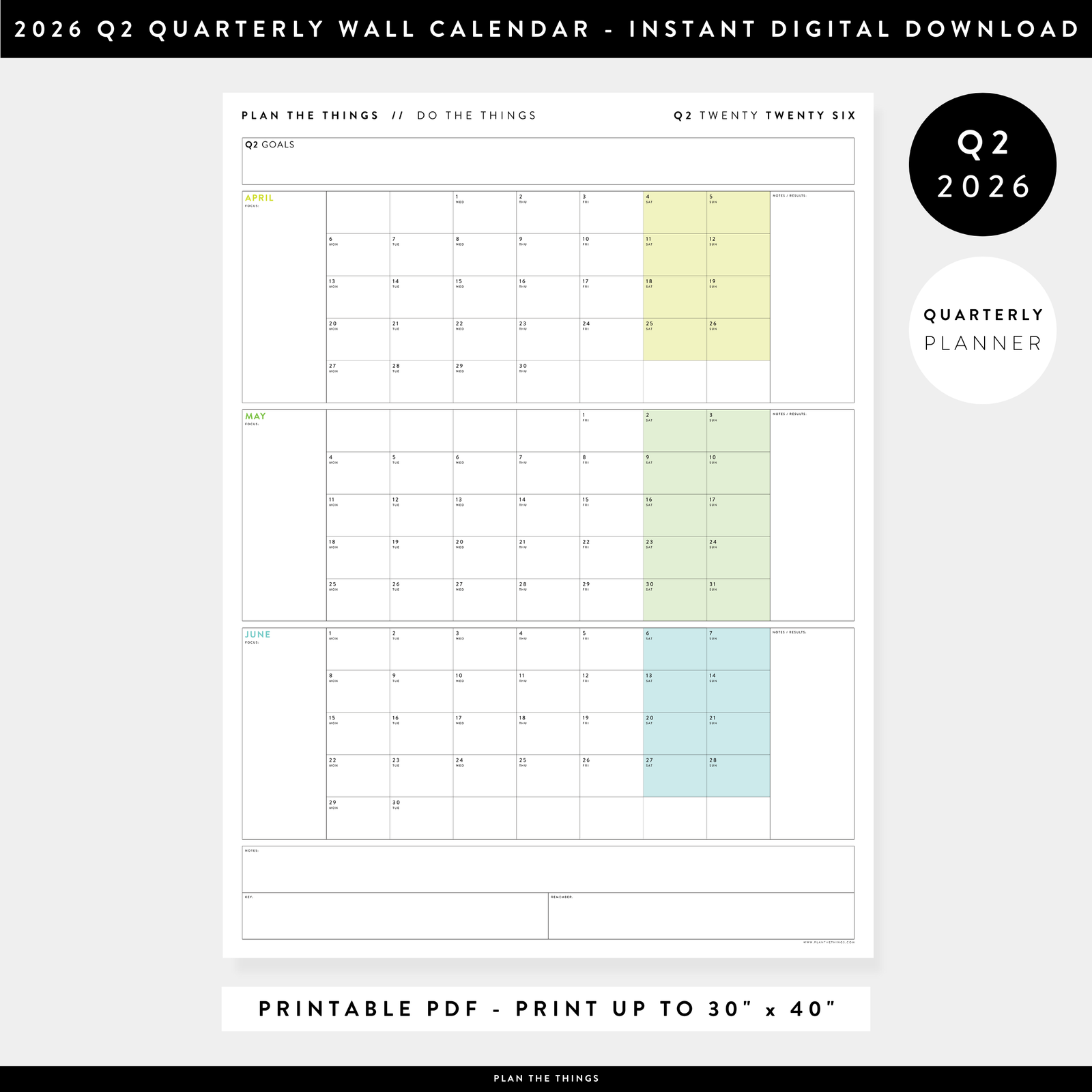 PRINTABLE Q2 (APRIL - JUNE) 2026 QUARTERLY WALL CALENDAR (RAINBOW) - INSTANT PDF DOWNLOAD