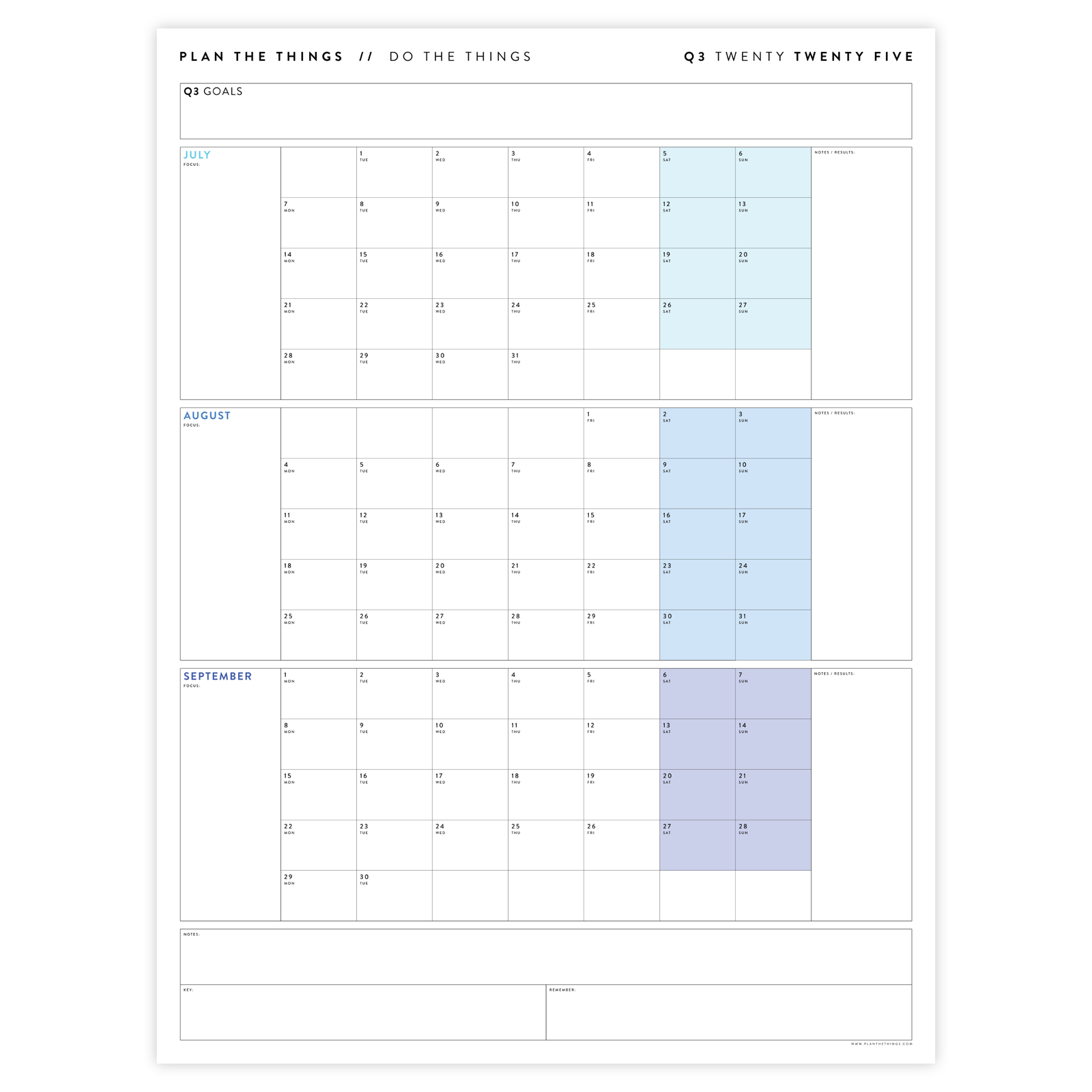 Q3 2025 QUARTERLY GIANT WALL CALENDAR (JULY - SEPTEMBER 2025) - RAINBOW WEEKENDS