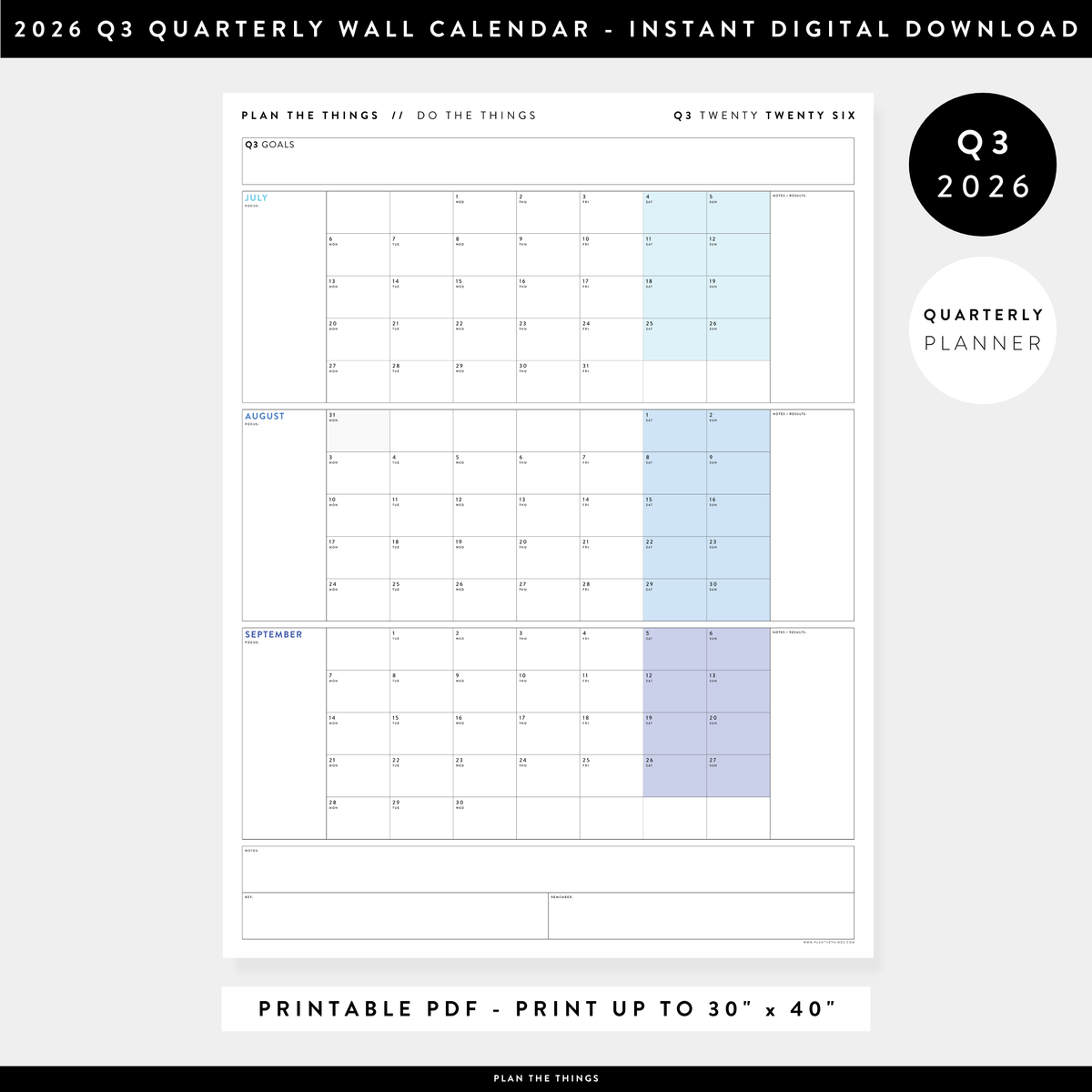 PRINTABLE Q3 (JULY - SEPTEMBER) 2026 QUARTERLY WALL CALENDAR (RAINBOW) - INSTANT PDF DOWNLOAD