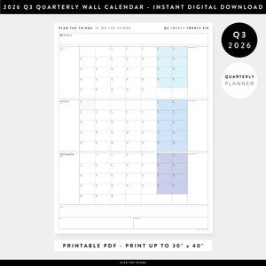 PRINTABLE Q3 (JULY - SEPTEMBER) 2026 QUARTERLY WALL CALENDAR (RAINBOW) - INSTANT PDF DOWNLOAD