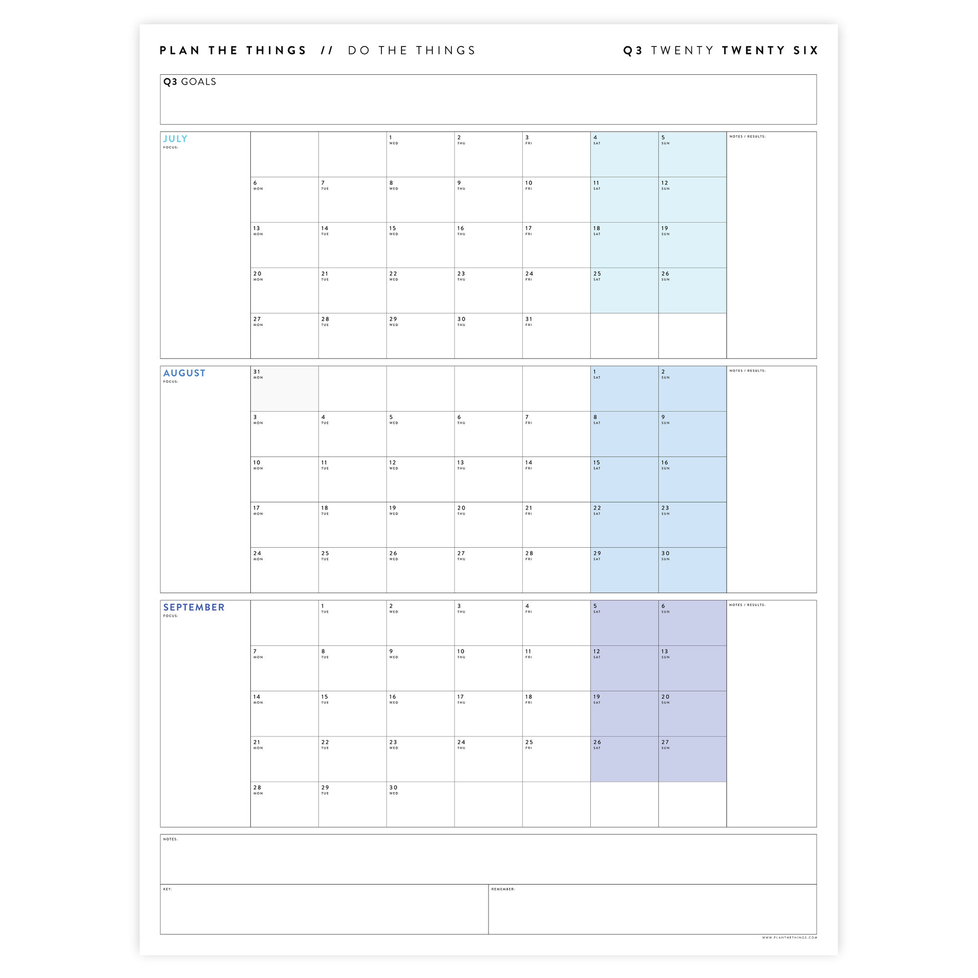 Q3 2026 QUARTERLY GIANT WALL CALENDAR (JULY - SEPTEMBER 2026) - RAINBOW WEEKENDS