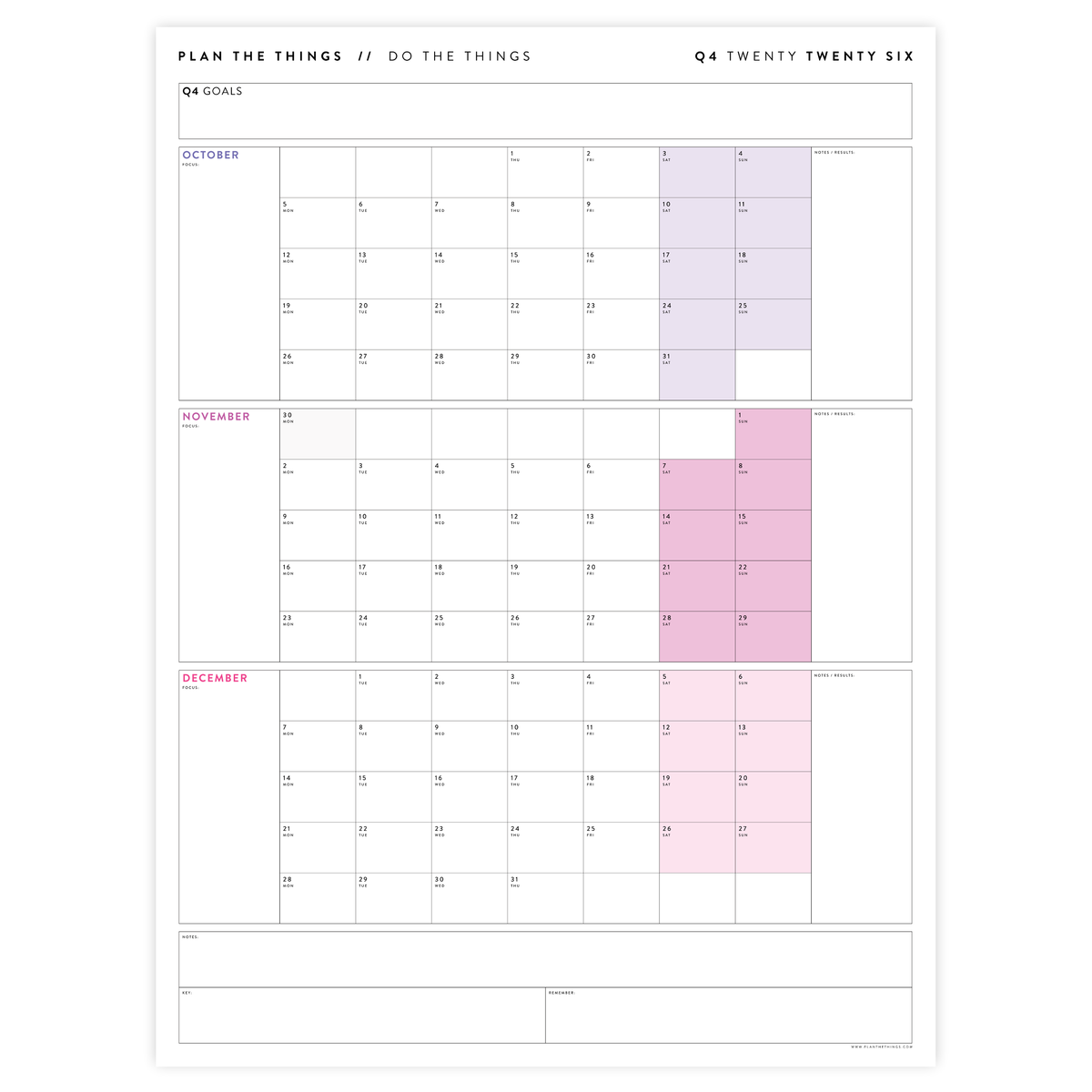 Q4 2026 QUARTERLY GIANT WALL CALENDAR (OCTOBER - DECEMBER 2026) - RAINBOW WEEKENDS