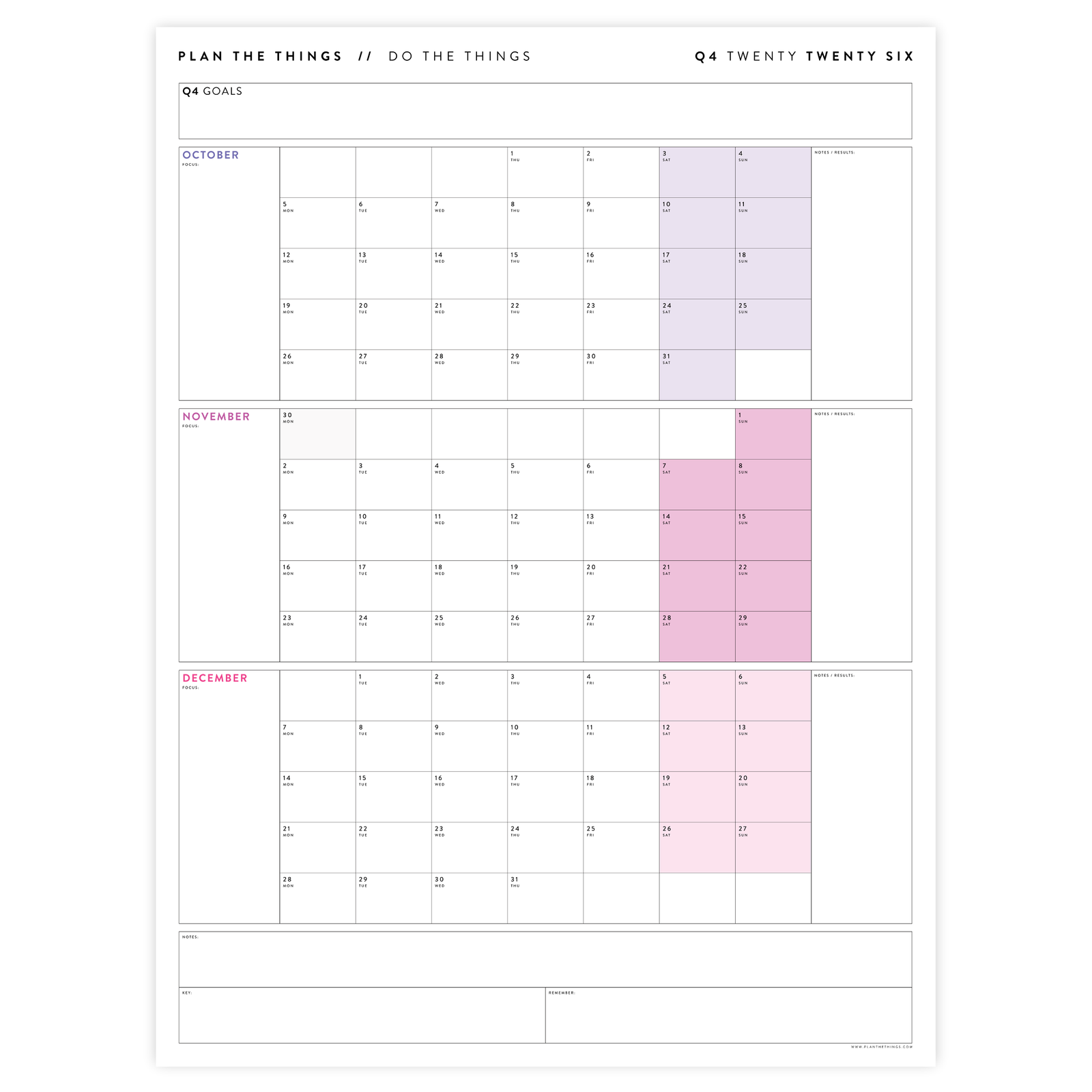 Q4 2026 QUARTERLY GIANT WALL CALENDAR (OCTOBER - DECEMBER 2026) - RAINBOW WEEKENDS