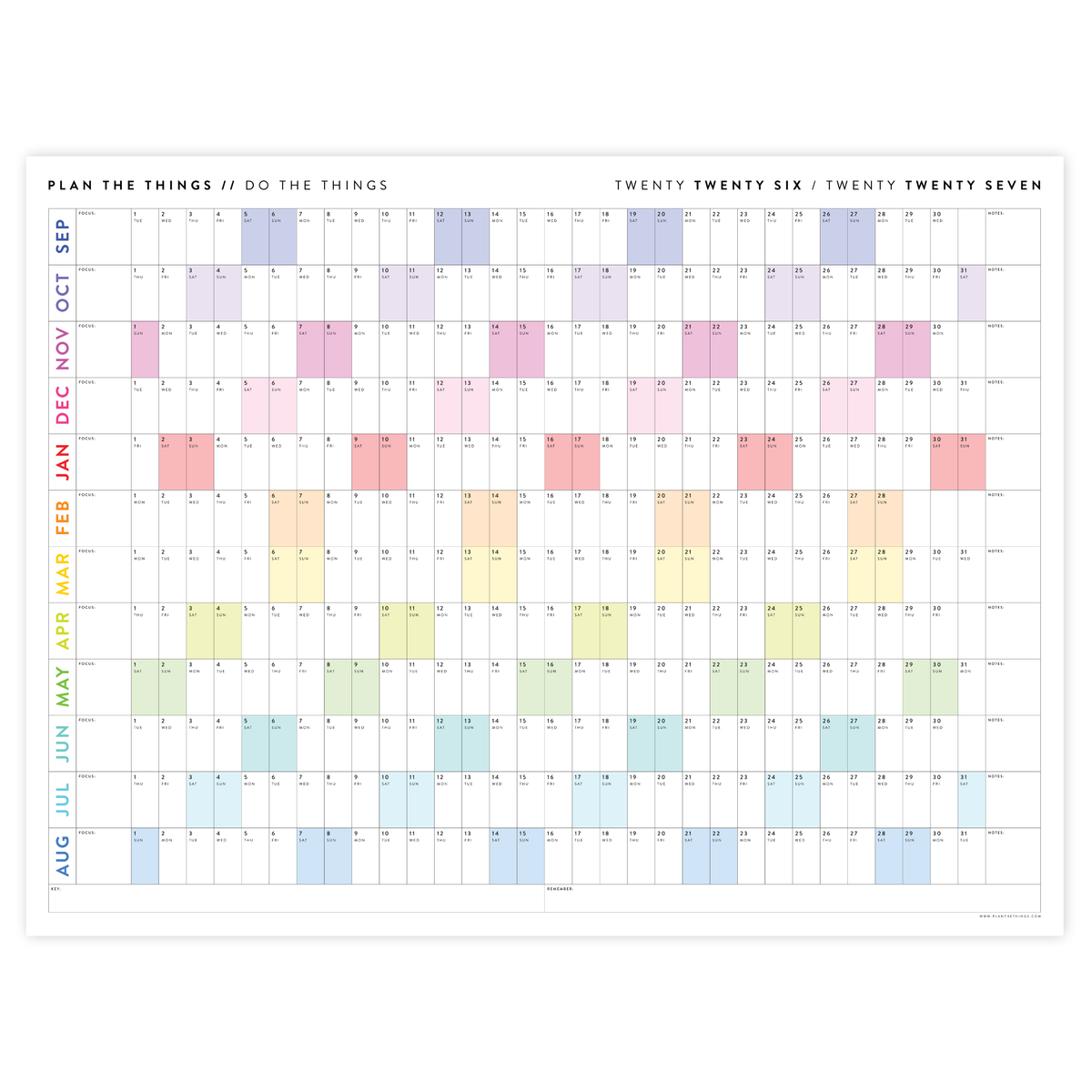 PRINTABLE 2026 - 2027 ACADEMIC WALL CALENDAR (SEPTEMBER START) | HORIZONTAL WITH RAINBOW WEEKENDS - INSTANT DOWNLOAD