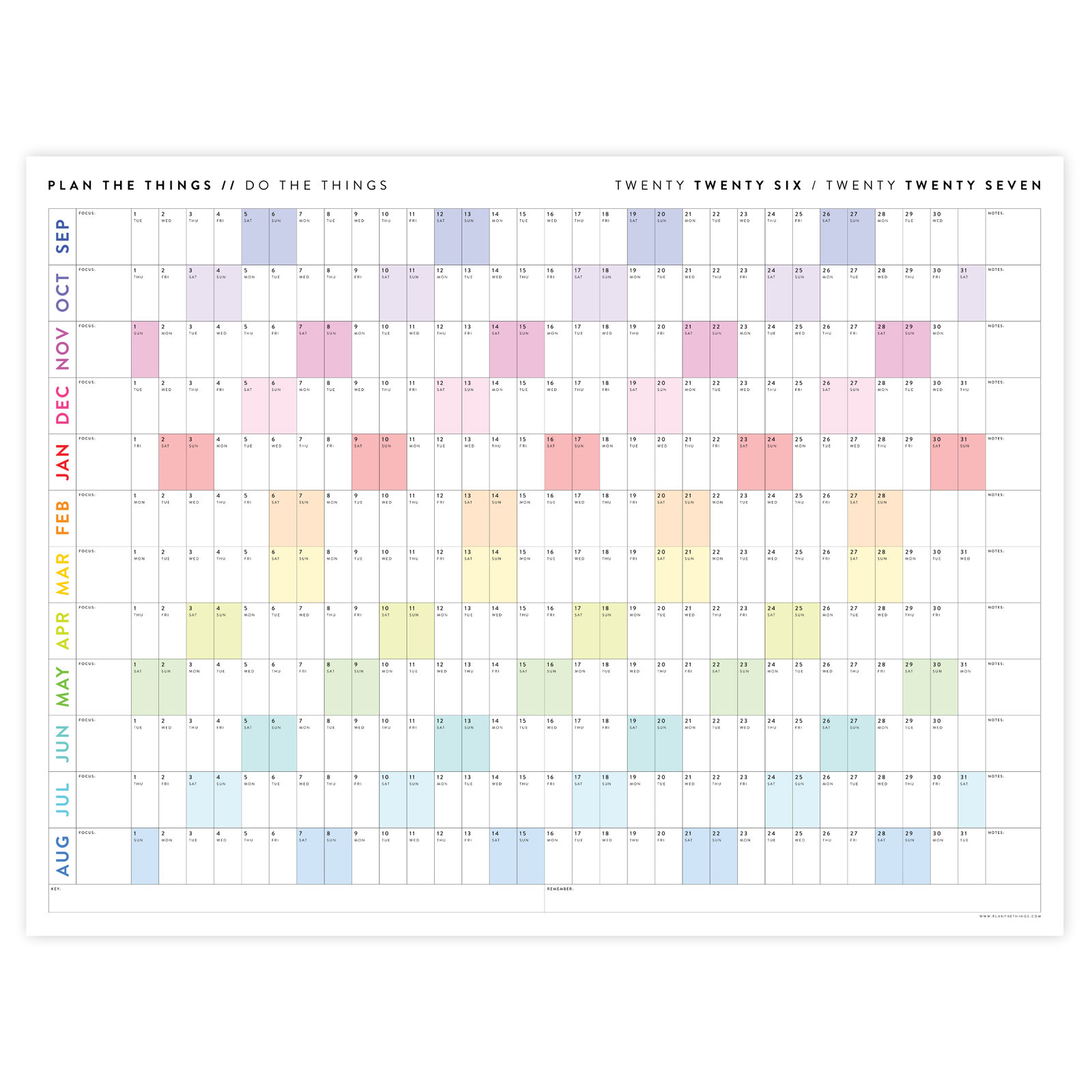 2026 - 2027 ACADEMIC WALL CALENDAR (SEPTEMBER START) | HORIZONTAL WITH RAINBOW WEEKENDS