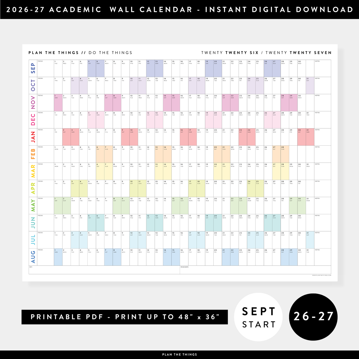 PRINTABLE 2026 - 2027 ACADEMIC WALL CALENDAR (SEPTEMBER START) | HORIZONTAL WITH RAINBOW WEEKENDS - INSTANT DOWNLOAD