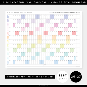 PRINTABLE 2026 - 2027 ACADEMIC WALL CALENDAR (SEPTEMBER START) | HORIZONTAL WITH RAINBOW WEEKENDS - INSTANT DOWNLOAD