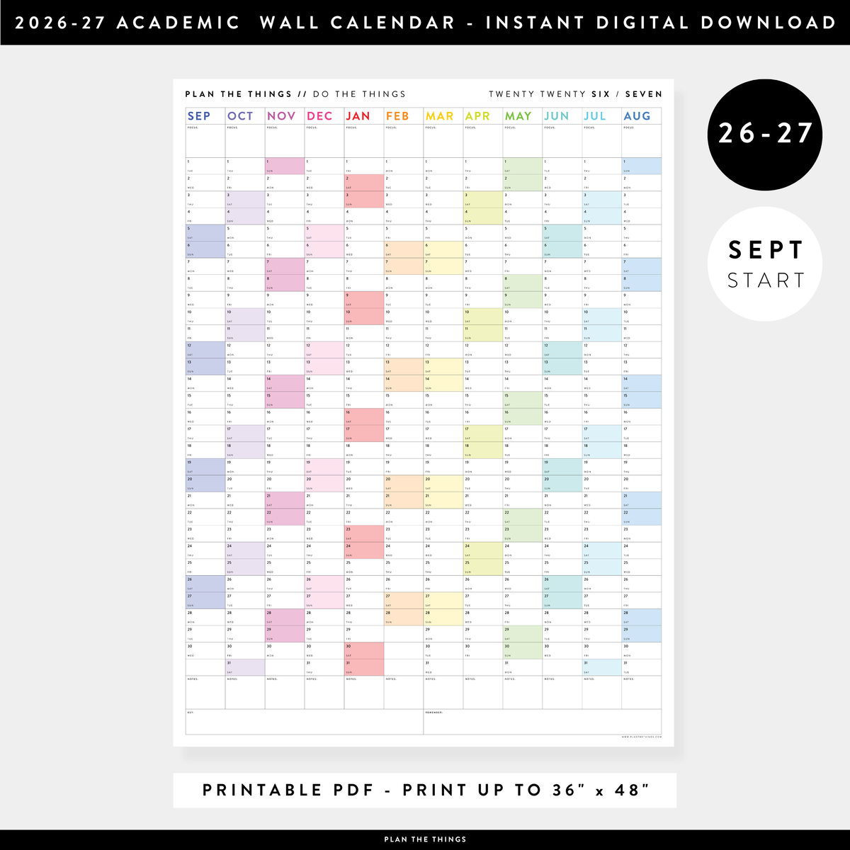 PRINTABLE 2026 - 2027 ACADEMIC WALL CALENDAR (SEPTEMBER START) | VERTICAL WITH RAINBOW WEEKENDS - INSTANT DOWNLOAD