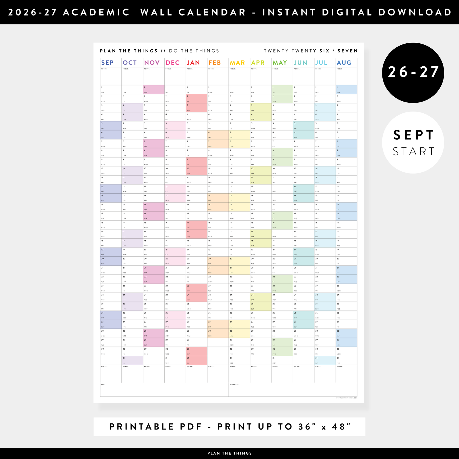 PRINTABLE 2026 - 2027 ACADEMIC WALL CALENDAR (SEPTEMBER START) | VERTICAL WITH RAINBOW WEEKENDS - INSTANT DOWNLOAD