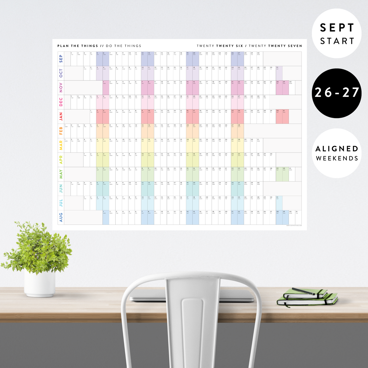 NEW! PRINTABLE SEPTEMBER START 2026 - 2027 HORIZONTAL ACADEMIC WALL CALENDAR WITH ALIGNED RAINBOW WEEKENDS - INSTANT DOWNLOAD