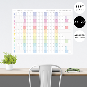 NEW! PRINTABLE SEPTEMBER START 2026 - 2027 HORIZONTAL ACADEMIC WALL CALENDAR WITH ALIGNED RAINBOW WEEKENDS - INSTANT DOWNLOAD