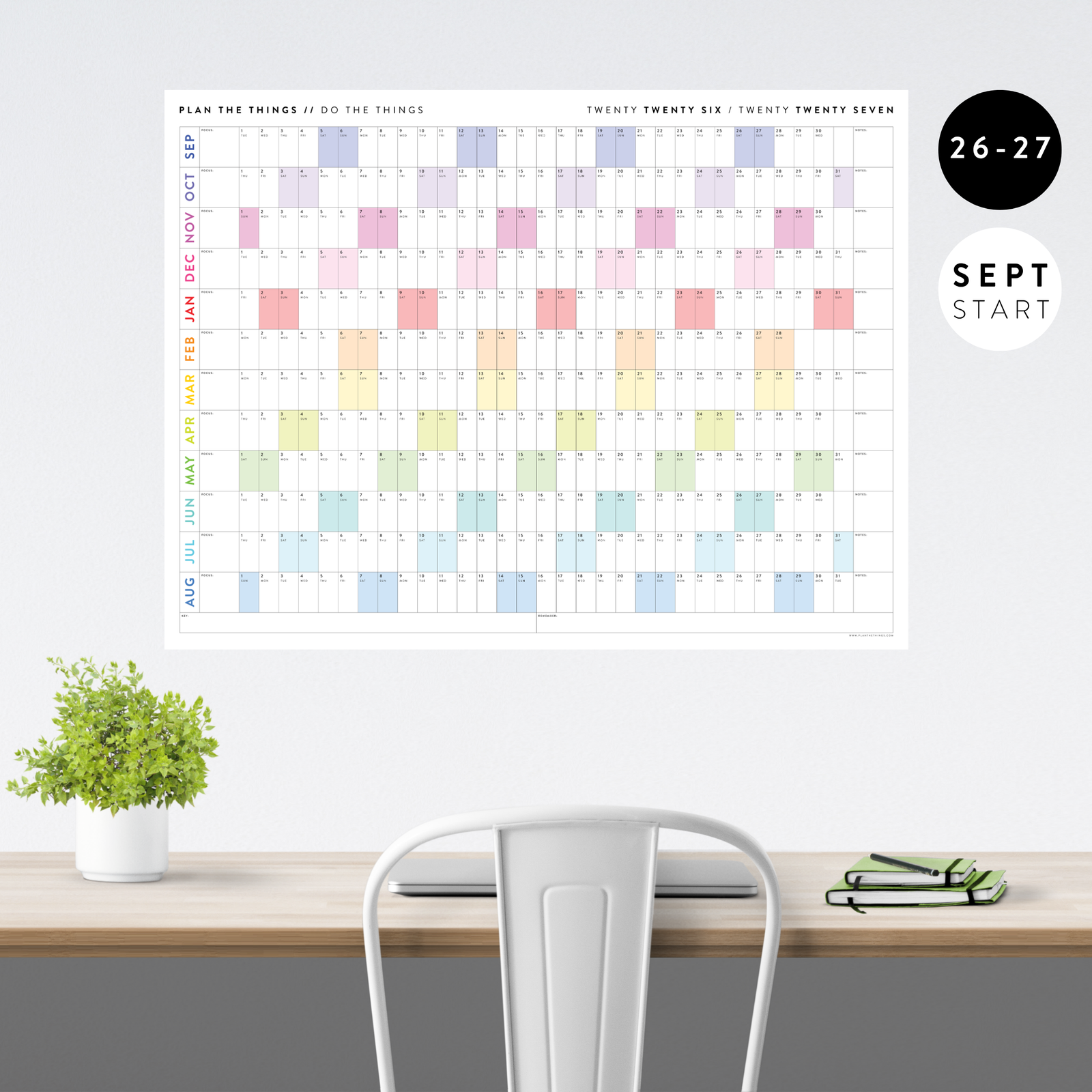 2026 - 2027 ACADEMIC WALL CALENDAR (SEPTEMBER START) | HORIZONTAL WITH RAINBOW WEEKENDS