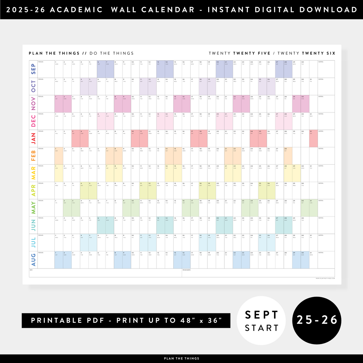 PRINTABLE 2025 - 2026 ACADEMIC WALL CALENDAR (SEPTEMBER START) | HORIZONTAL WITH RAINBOW WEEKENDS - INSTANT DOWNLOAD